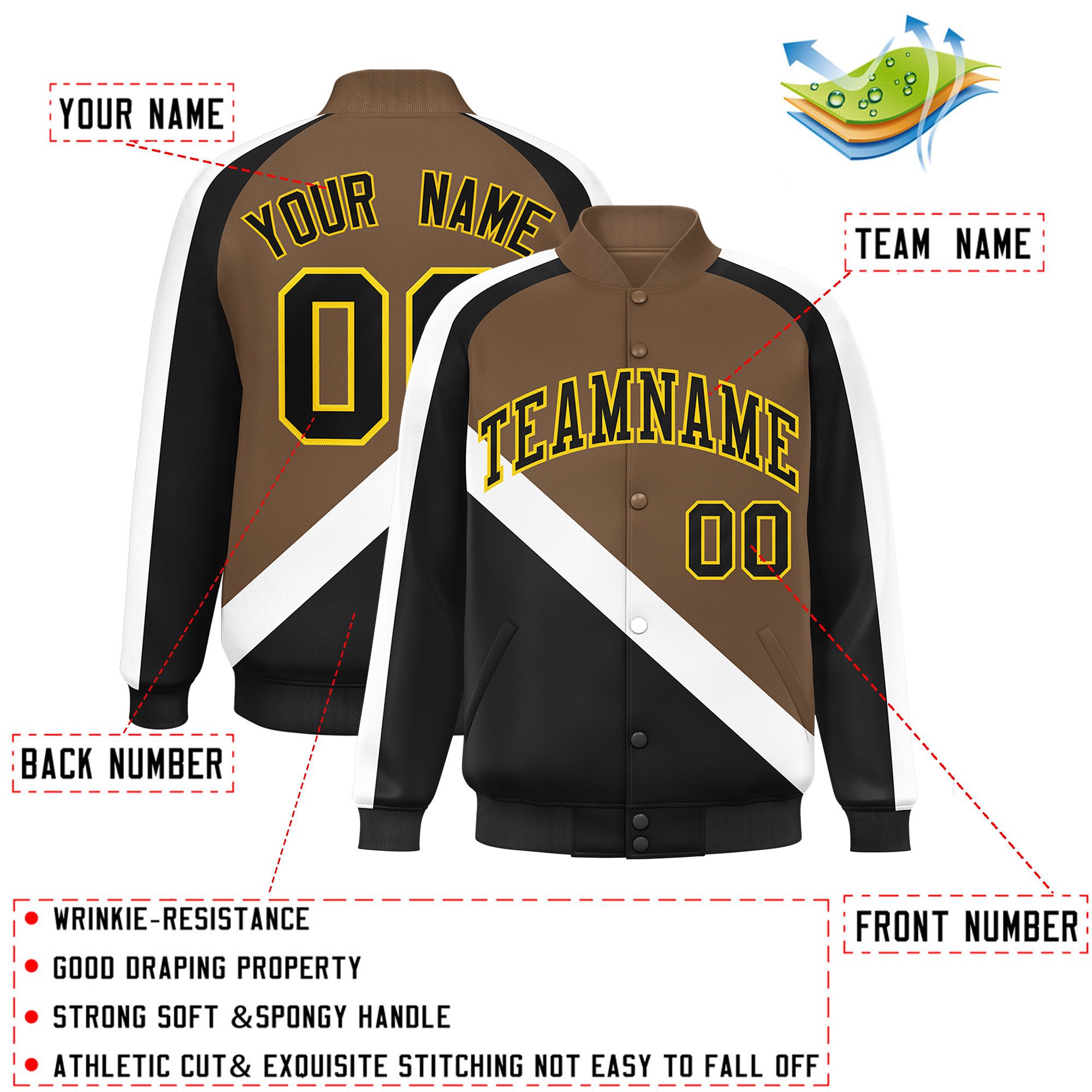 Custom Light Brown Black Raglan Sleeves Varsity Full-Snap Letterman Baseball Jacket