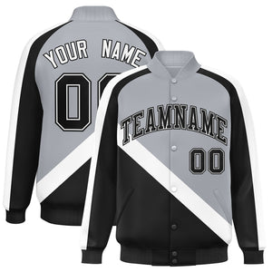 Custom Gray Black Raglan Sleeves Varsity Full-Snap Letterman Baseball Jacket