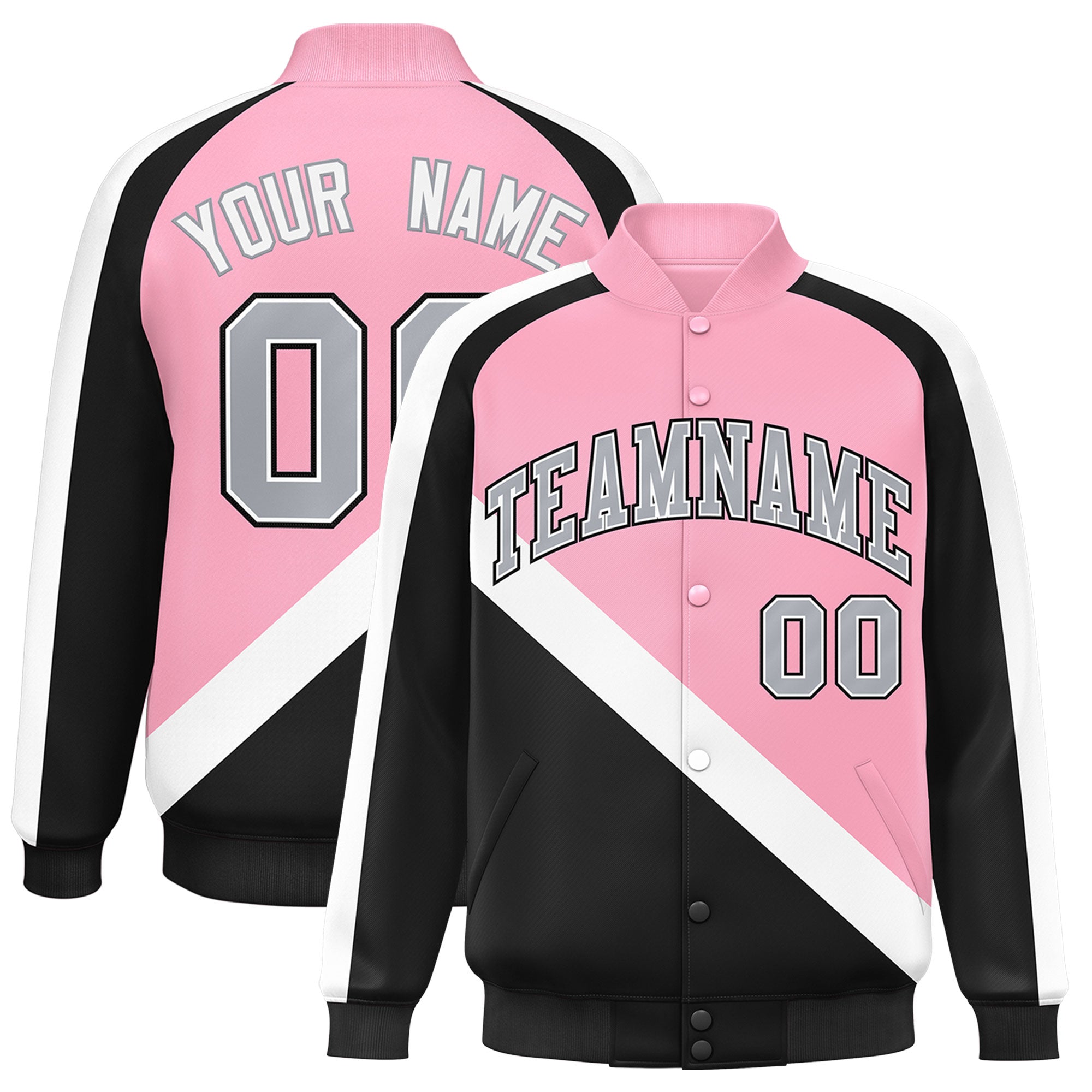 Custom Light Pink Black Raglan Sleeves Varsity Full-Snap Letterman Baseball Jacket