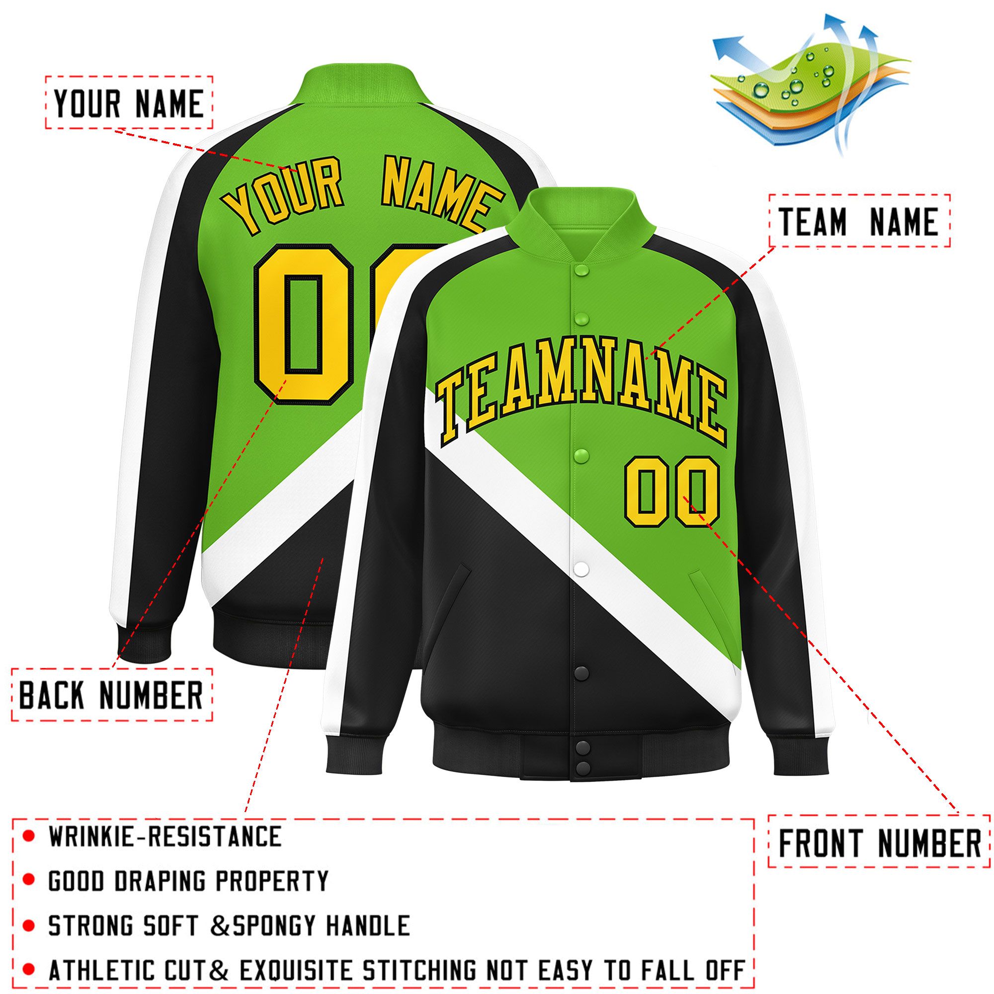 Custom Green Black Raglan Sleeves Varsity Full-Snap Letterman Baseball Jacket