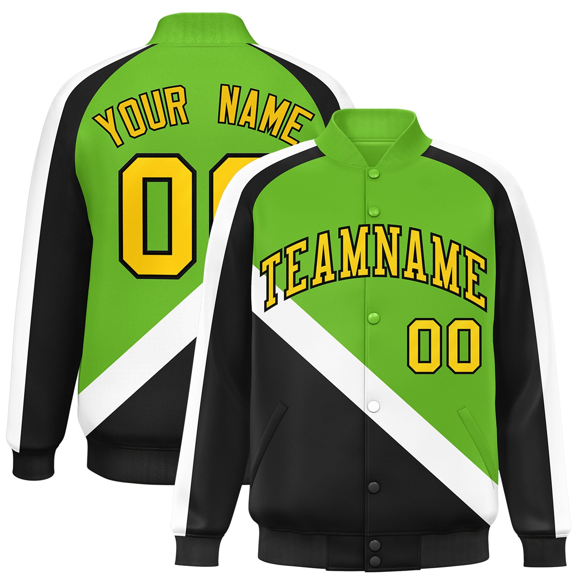 Custom Green Black Raglan Sleeves Varsity Full-Snap Letterman Baseball Jacket