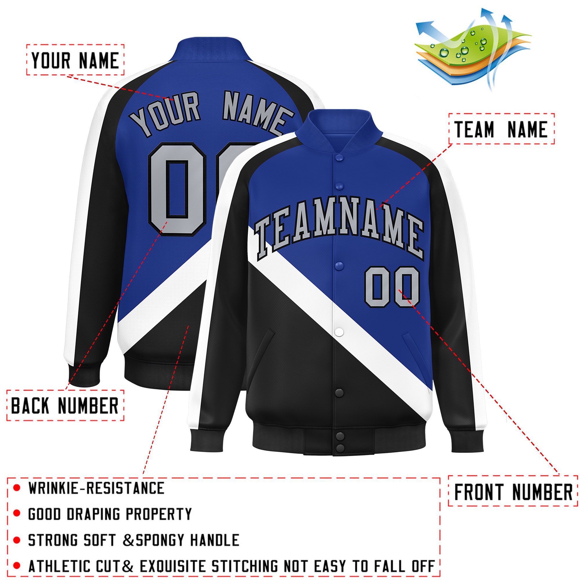 Custom Royal Black Raglan Sleeves Varsity Full-Snap Letterman Baseball Jacket