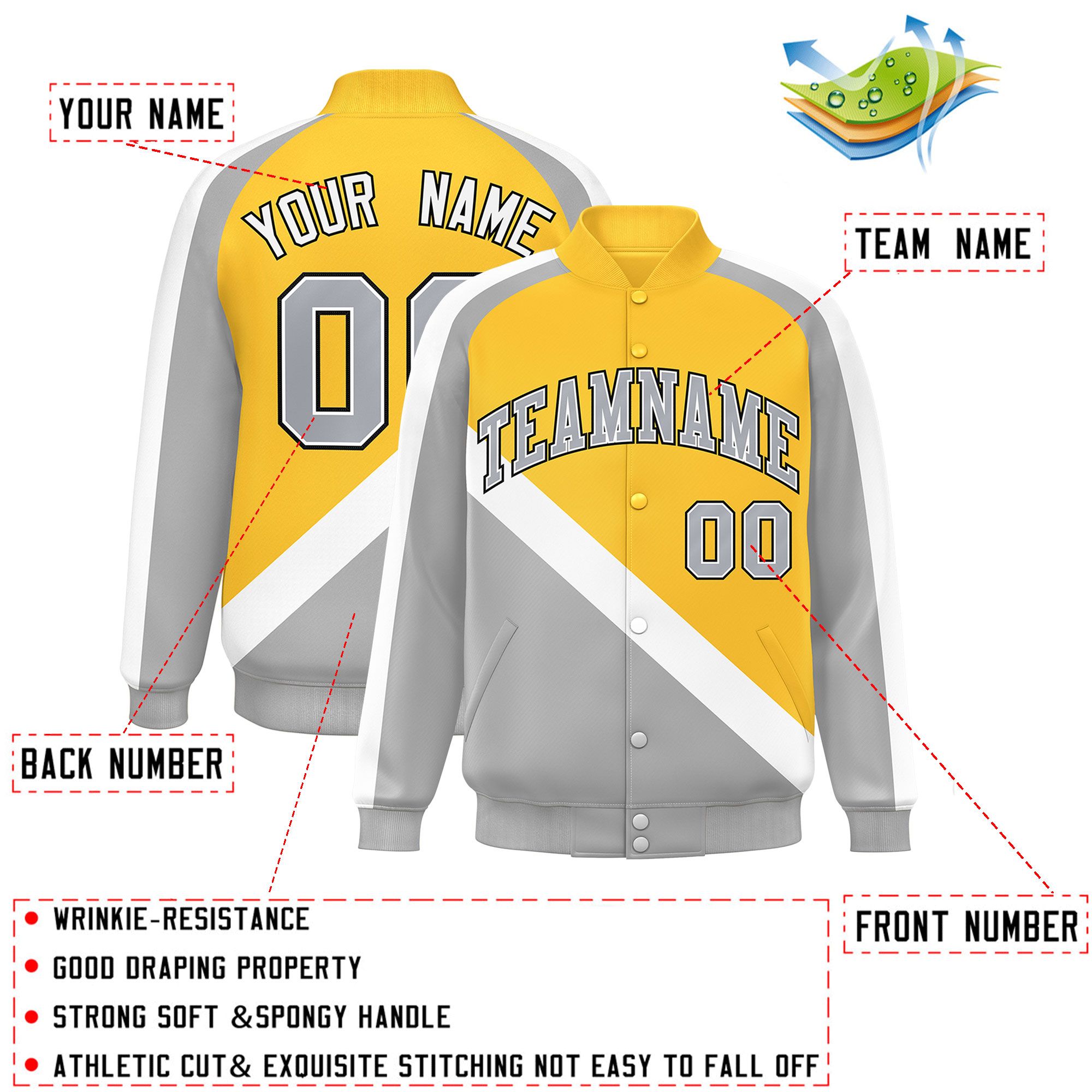 Custom Gold Gray Raglan Sleeves Varsity Full-Snap Letterman Baseball Jacket