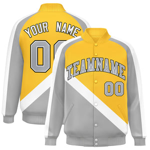 Custom Gold Gray Raglan Sleeves Varsity Full-Snap Letterman Baseball Jacket