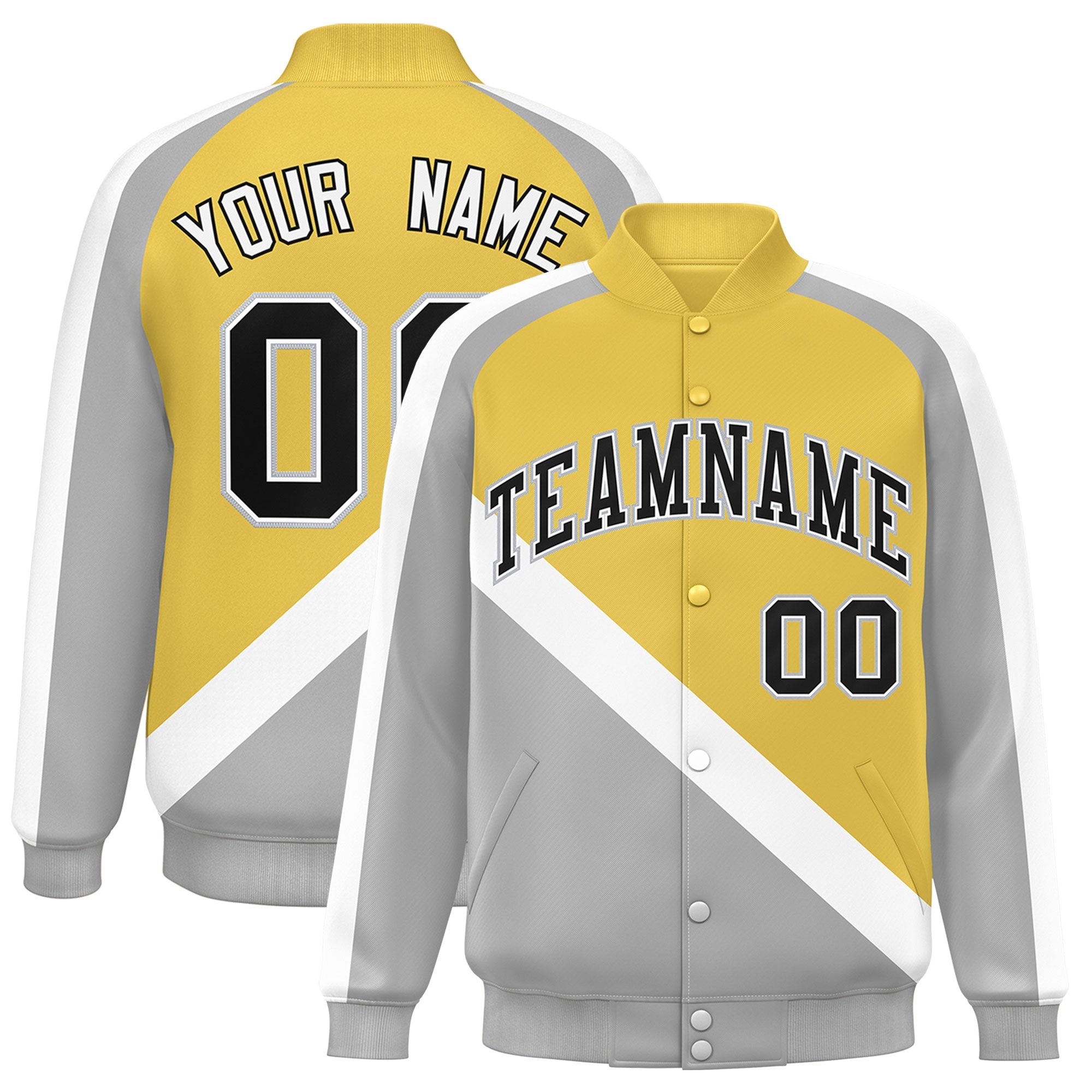 Custom Old Gold Gray Raglan Sleeves Varsity Full-Snap Letterman Baseball Jacket