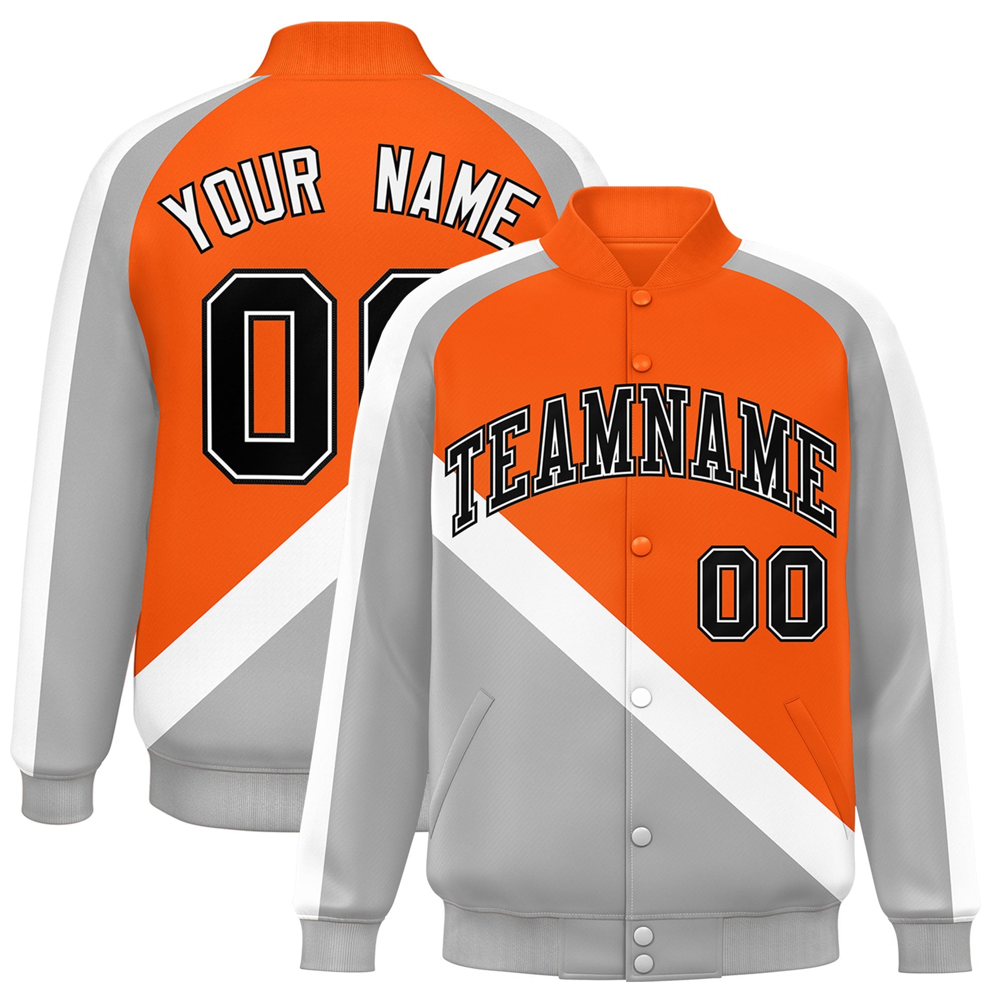 Custom Orange Gray Raglan Sleeves Varsity Full-Snap Letterman Baseball Jacket