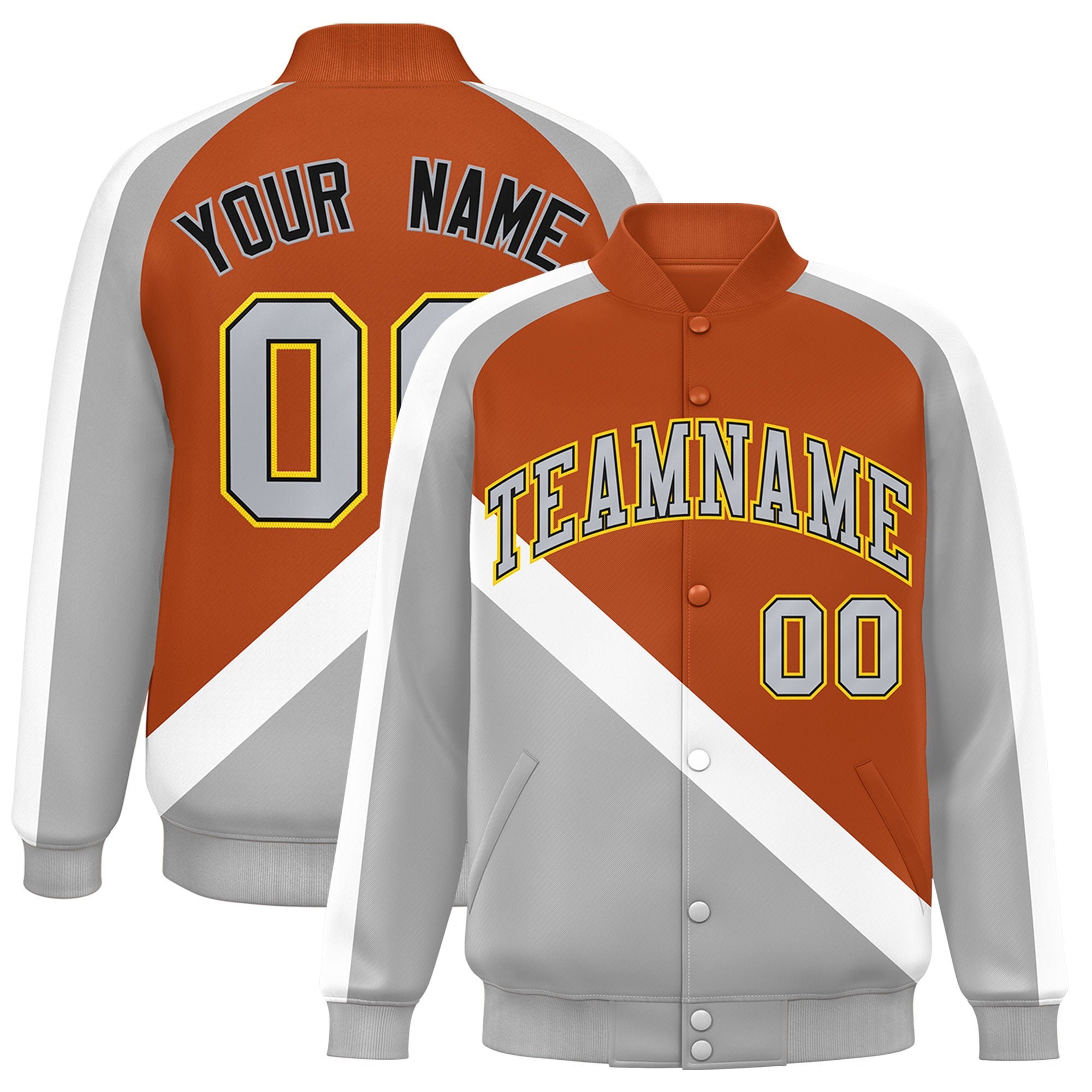 Custom Texas Orange Gray Raglan Sleeves Varsity Full-Snap Letterman Baseball Jacket