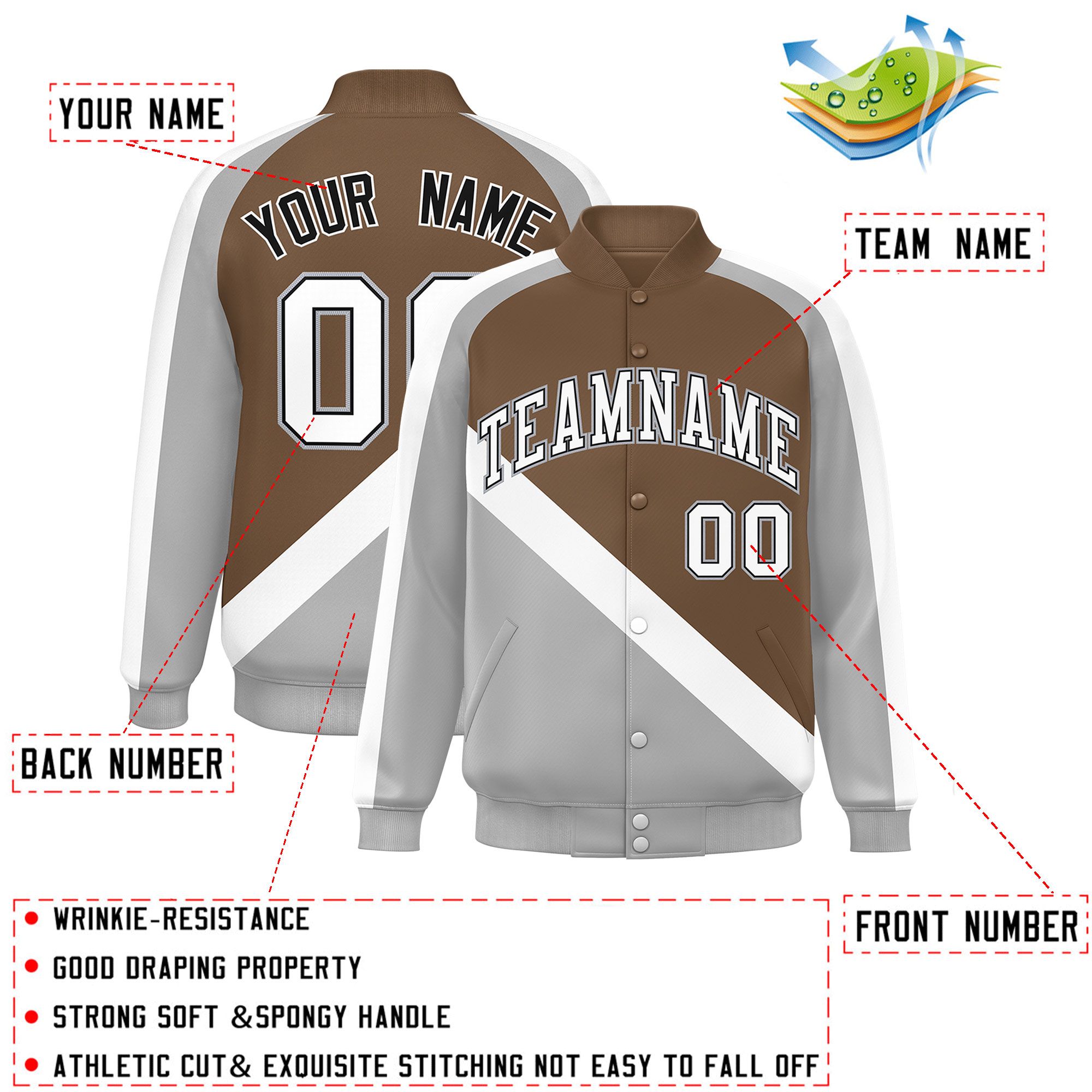 Custom Light Brown Gray Raglan Sleeves Varsity Full-Snap Letterman Baseball Jacket