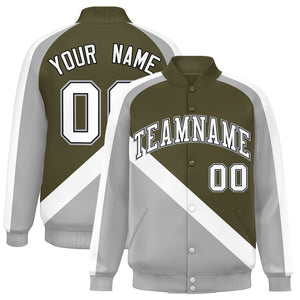 Custom Olive Gray Raglan Sleeves Varsity Full-Snap Letterman Baseball Jacket