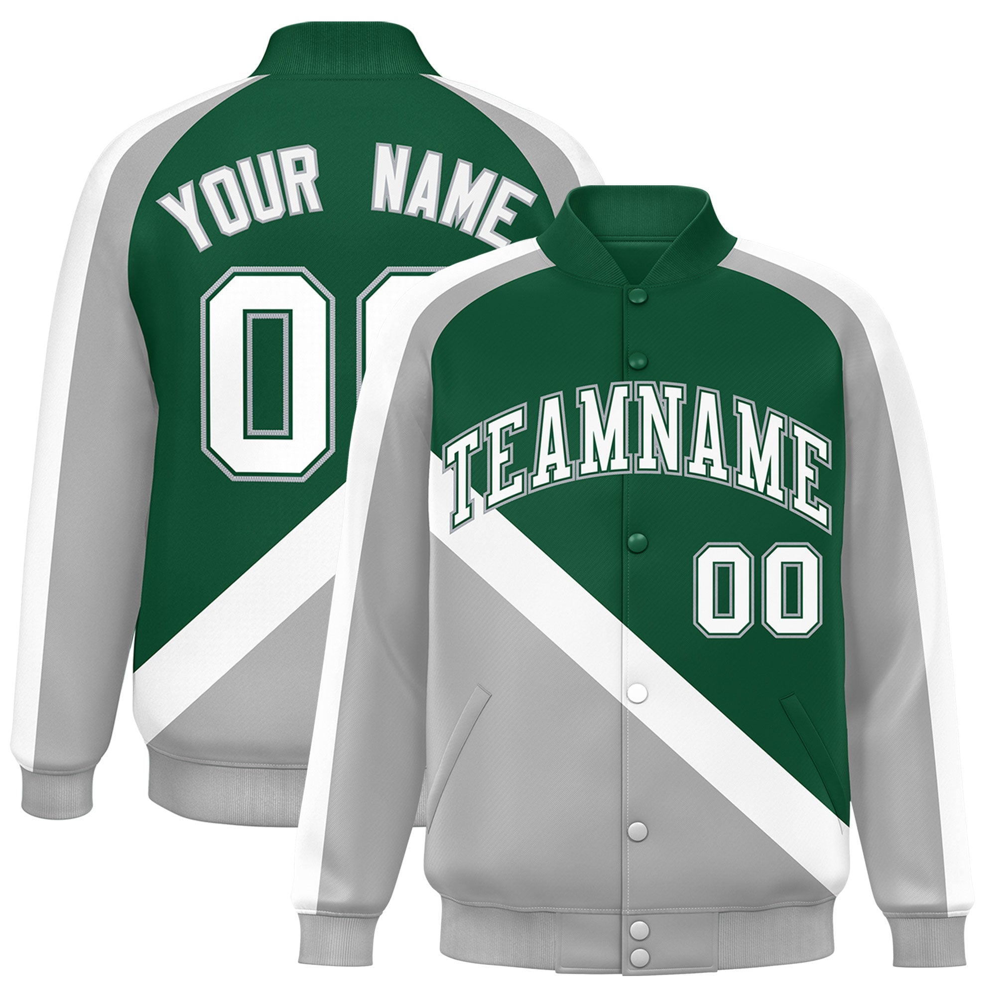 Custom Green Gray Raglan Sleeves Varsity Full-Snap Letterman Baseball Jacket