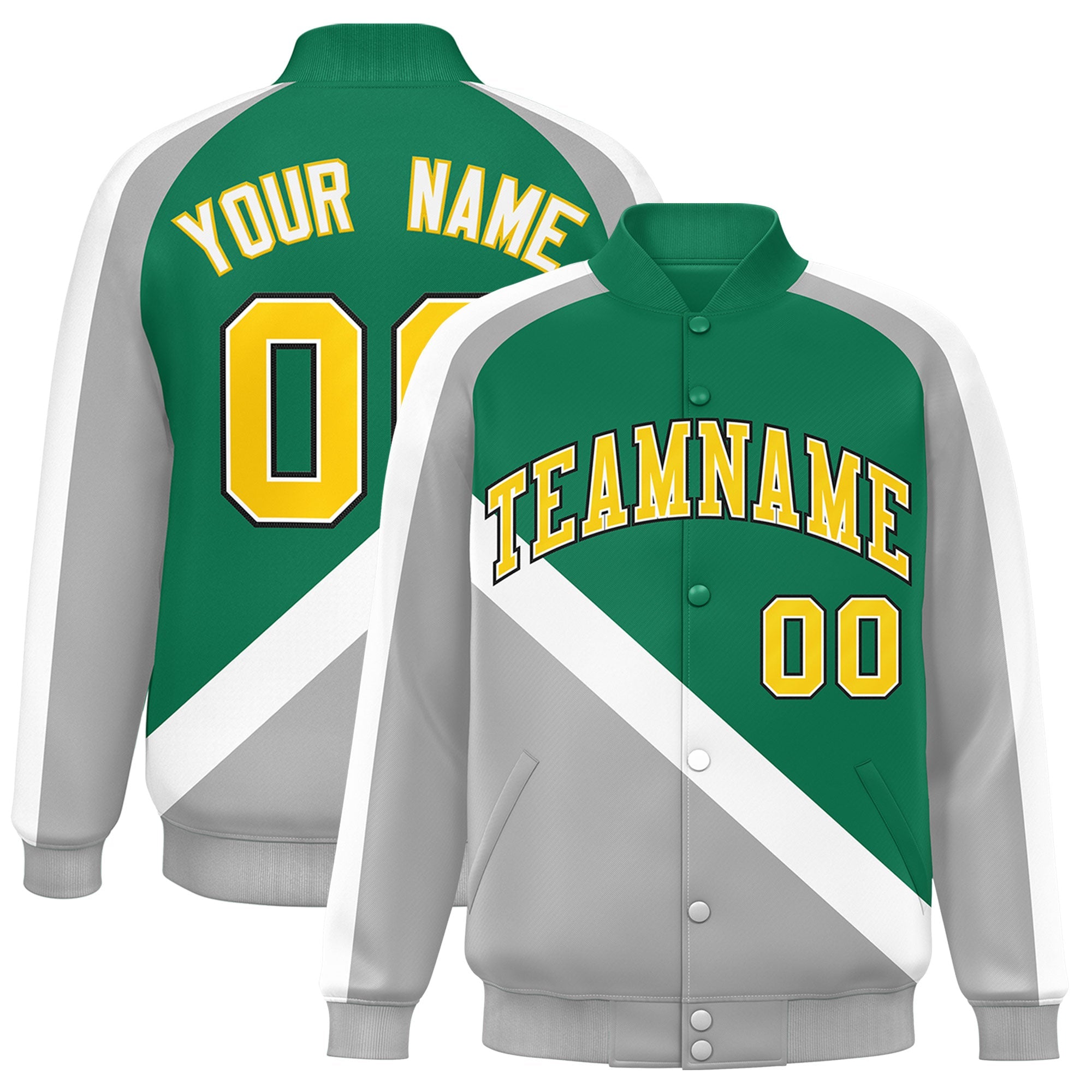 Custom Kelly Green Gray Raglan Sleeves Varsity Full-Snap Letterman Baseball Jacket