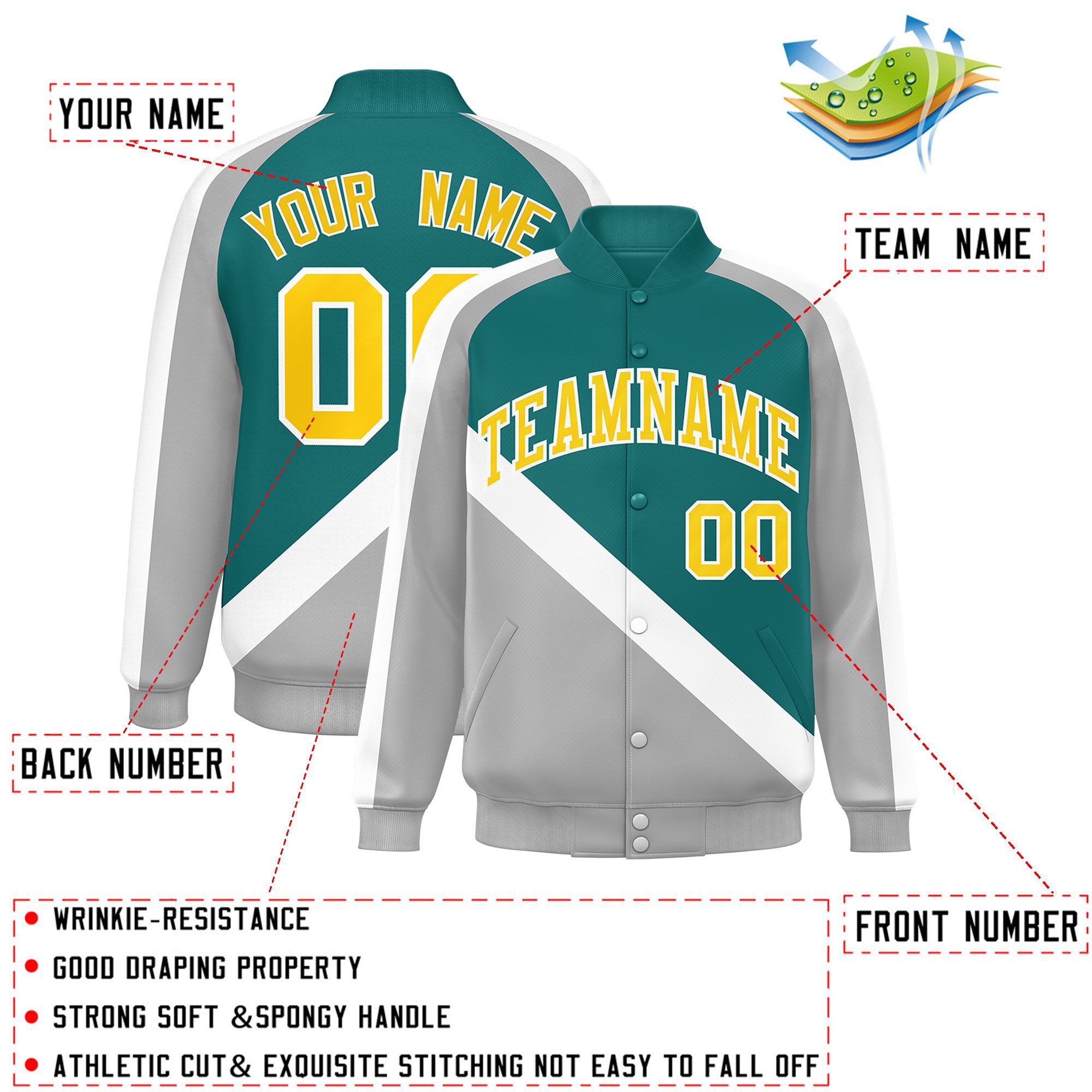 Custom Aqua Gray Raglan Sleeves Varsity Full-Snap Letterman Baseball Jacket