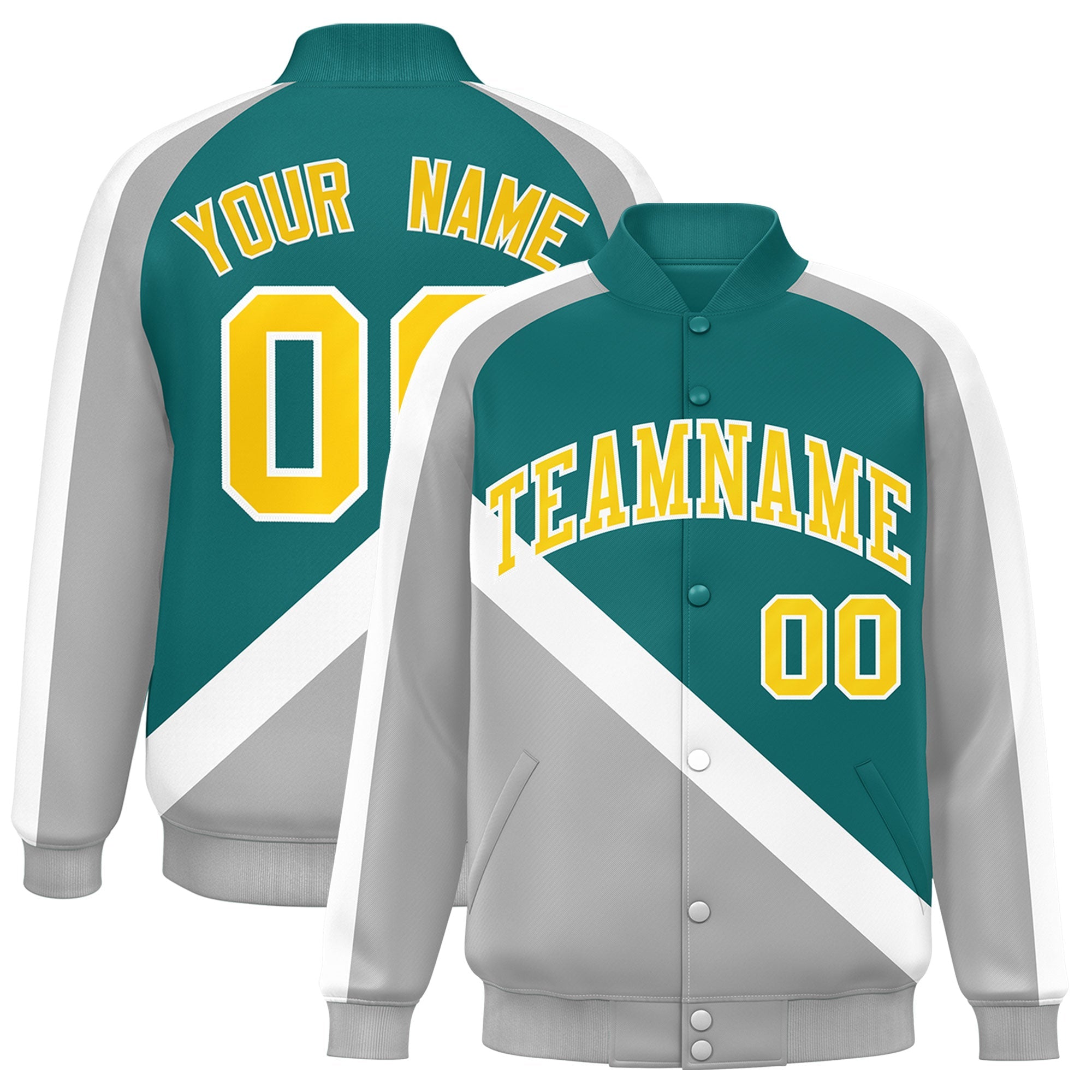 Custom Aqua Gray Raglan Sleeves Varsity Full-Snap Letterman Baseball Jacket