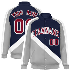 Custom Navy Gray Raglan Sleeves Varsity Full-Snap Letterman Baseball Jacket