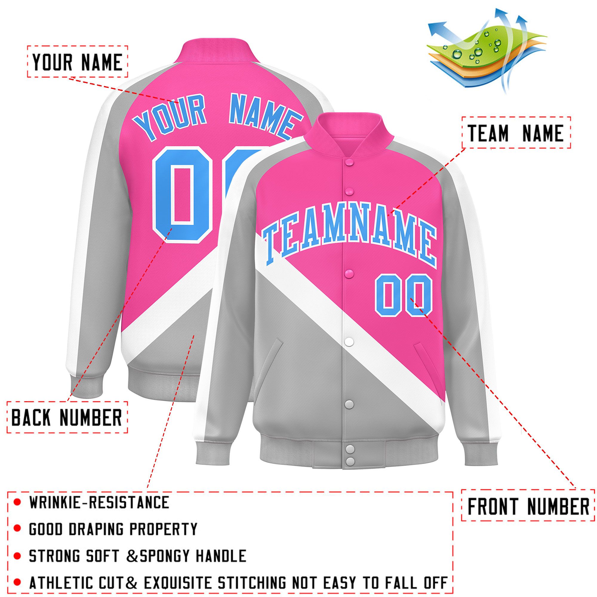 Custom Pink Gray Raglan Sleeves Varsity Full-Snap Letterman Baseball Jacket