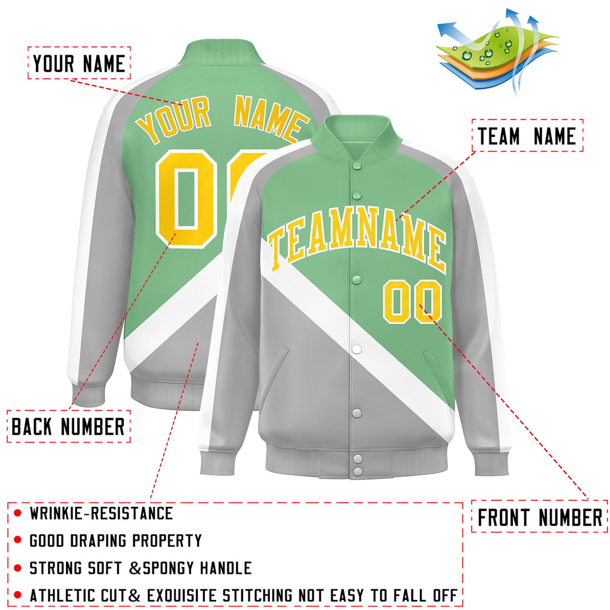 Custom Green Gray Raglan Sleeves Varsity Full-Snap Letterman Baseball Jacket