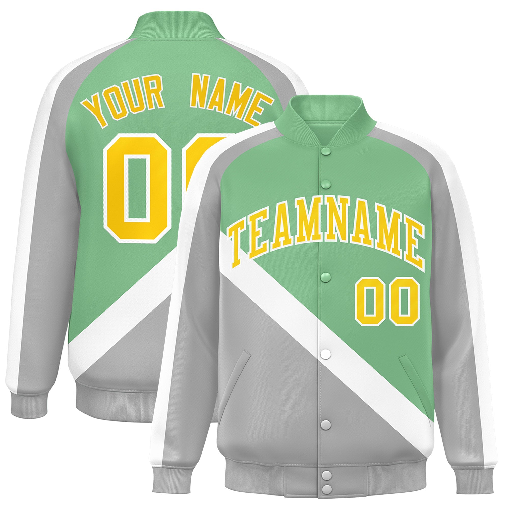 Custom Green Gray Raglan Sleeves Varsity Full-Snap Letterman Baseball Jacket