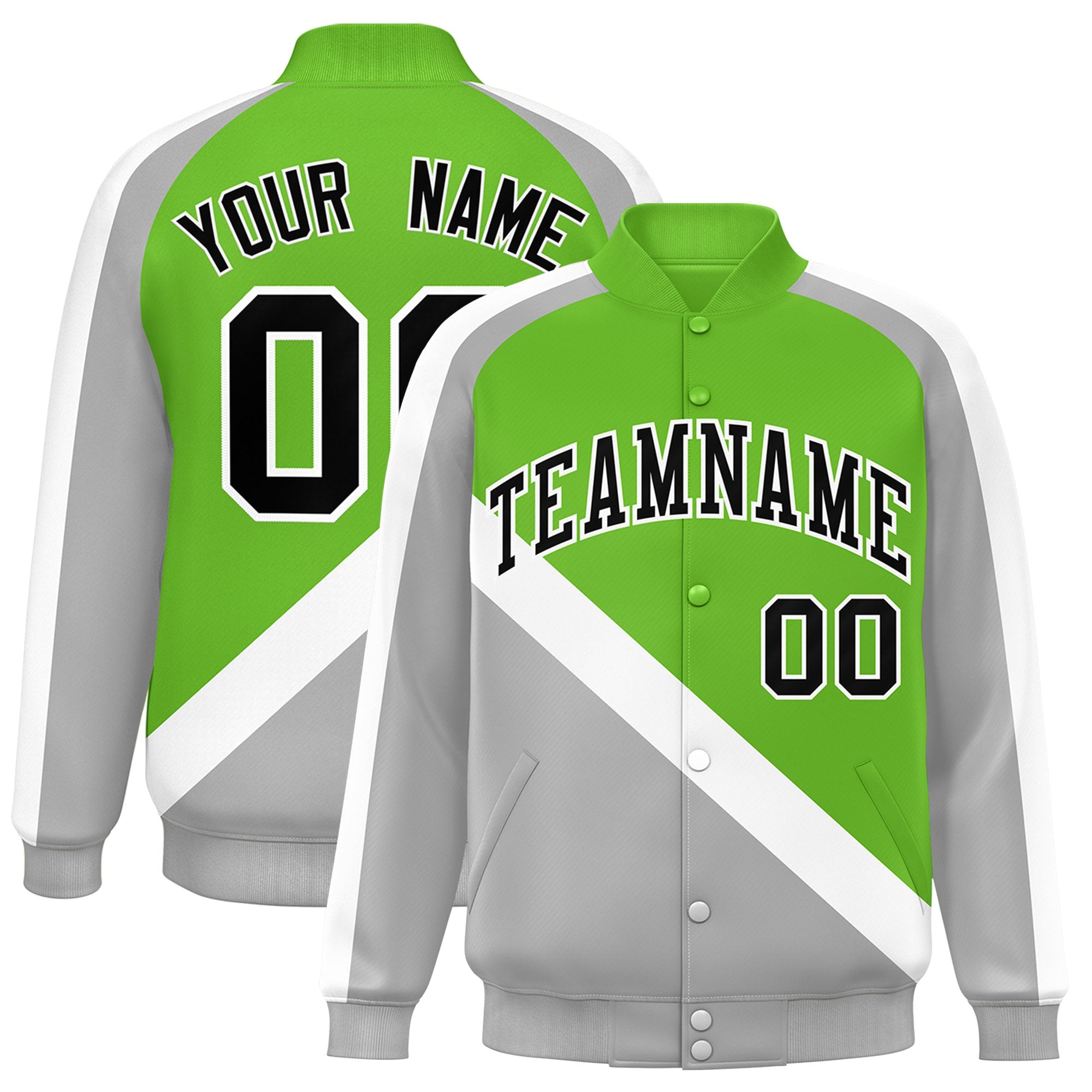 Custom Green Gray Raglan Sleeves Varsity Full-Snap Letterman Baseball Jacket