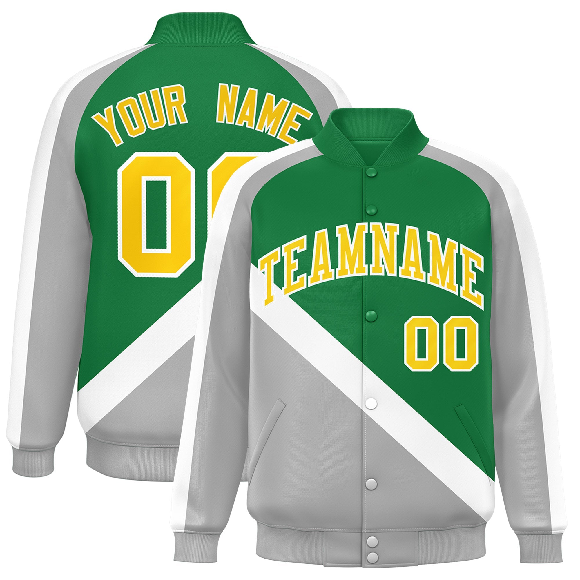 Custom Kelly Green Gray Raglan Sleeves Varsity Full-Snap Letterman Baseball Jacket