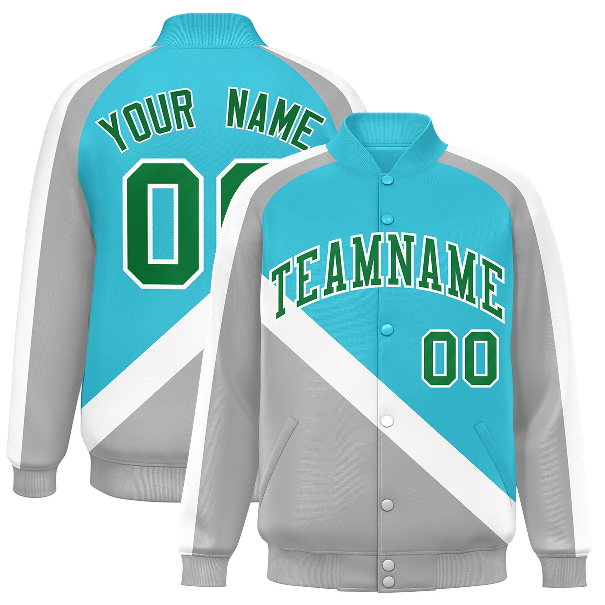 Custom Sky Blue Gray Raglan Sleeves Varsity Full-Snap Letterman Baseball Jacket