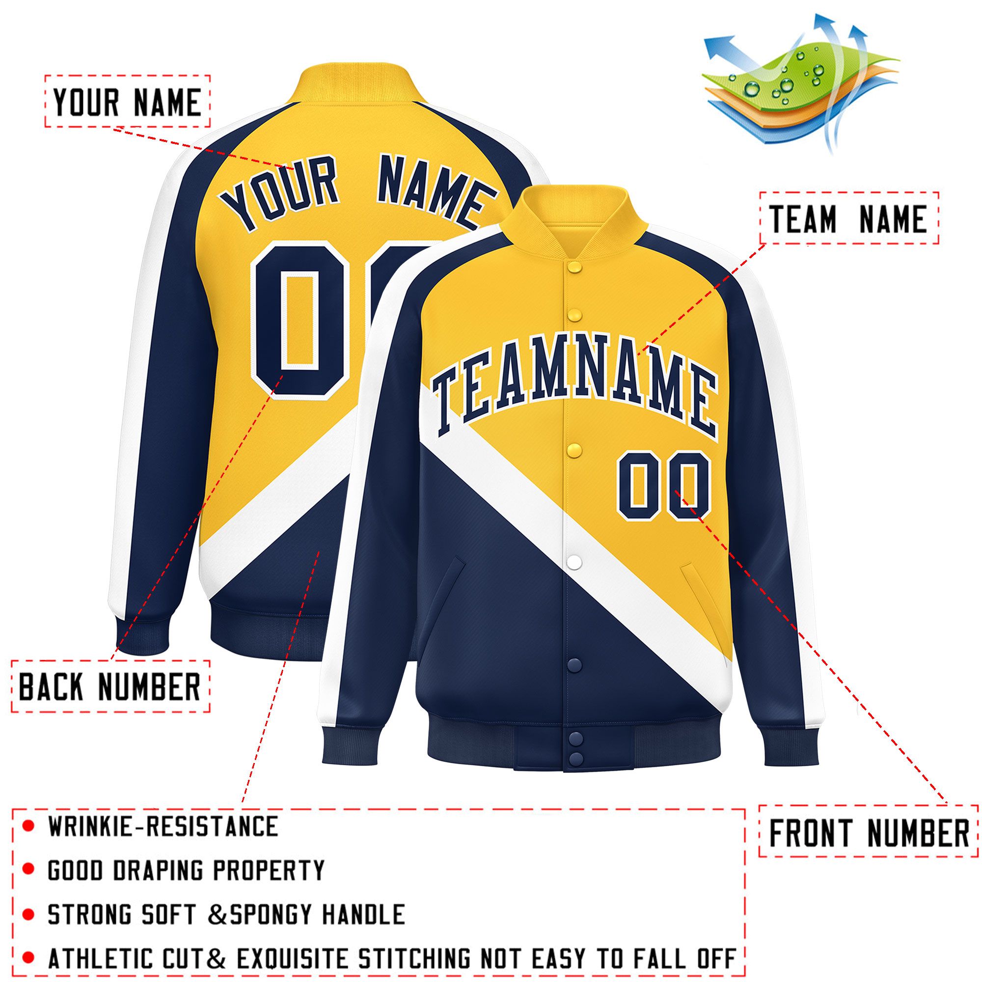 Custom Gold Navy Raglan Sleeves Varsity Full-Snap Letterman Baseball Jacket