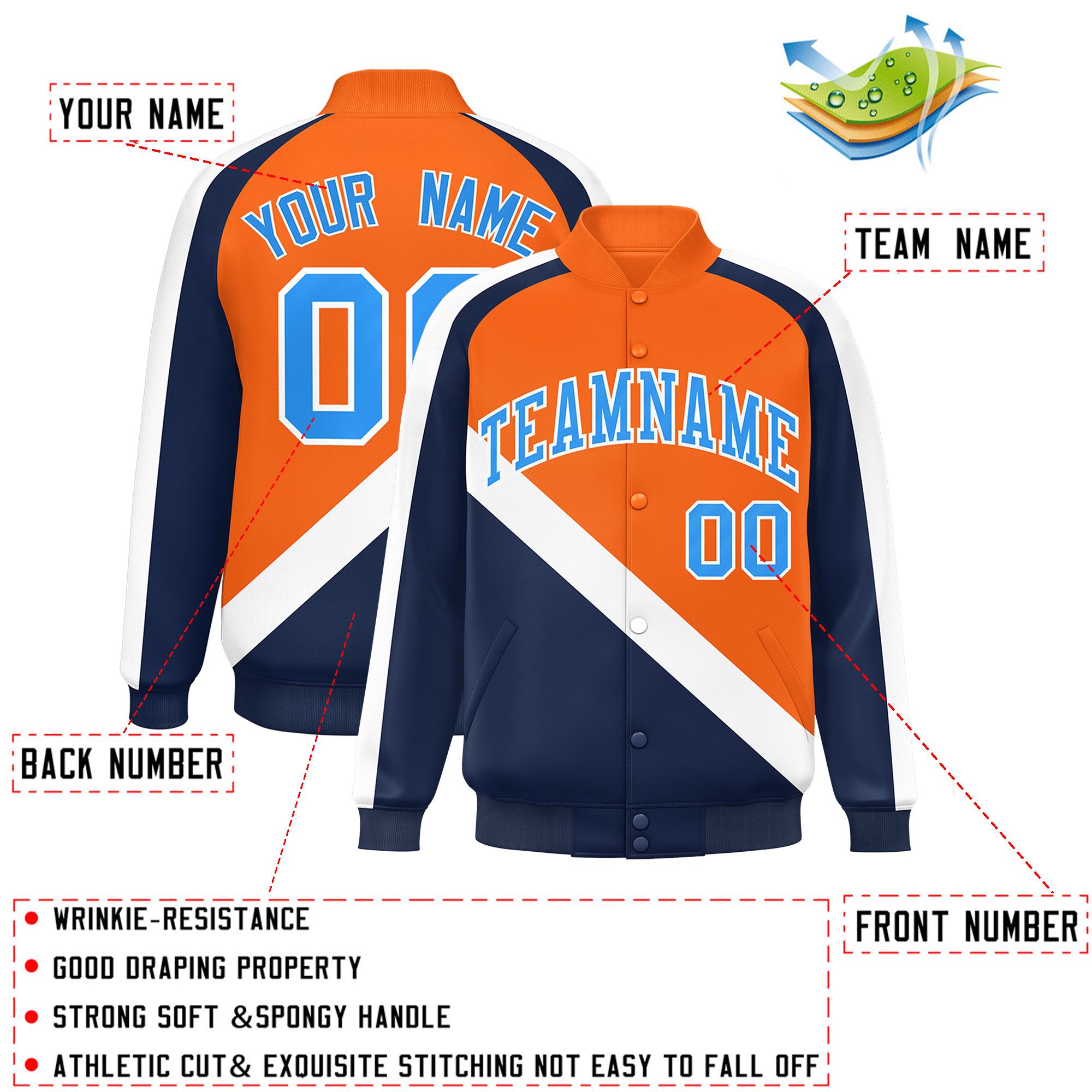 Custom Orange Navy Raglan Sleeves Varsity Full-Snap Letterman Baseball Jacket