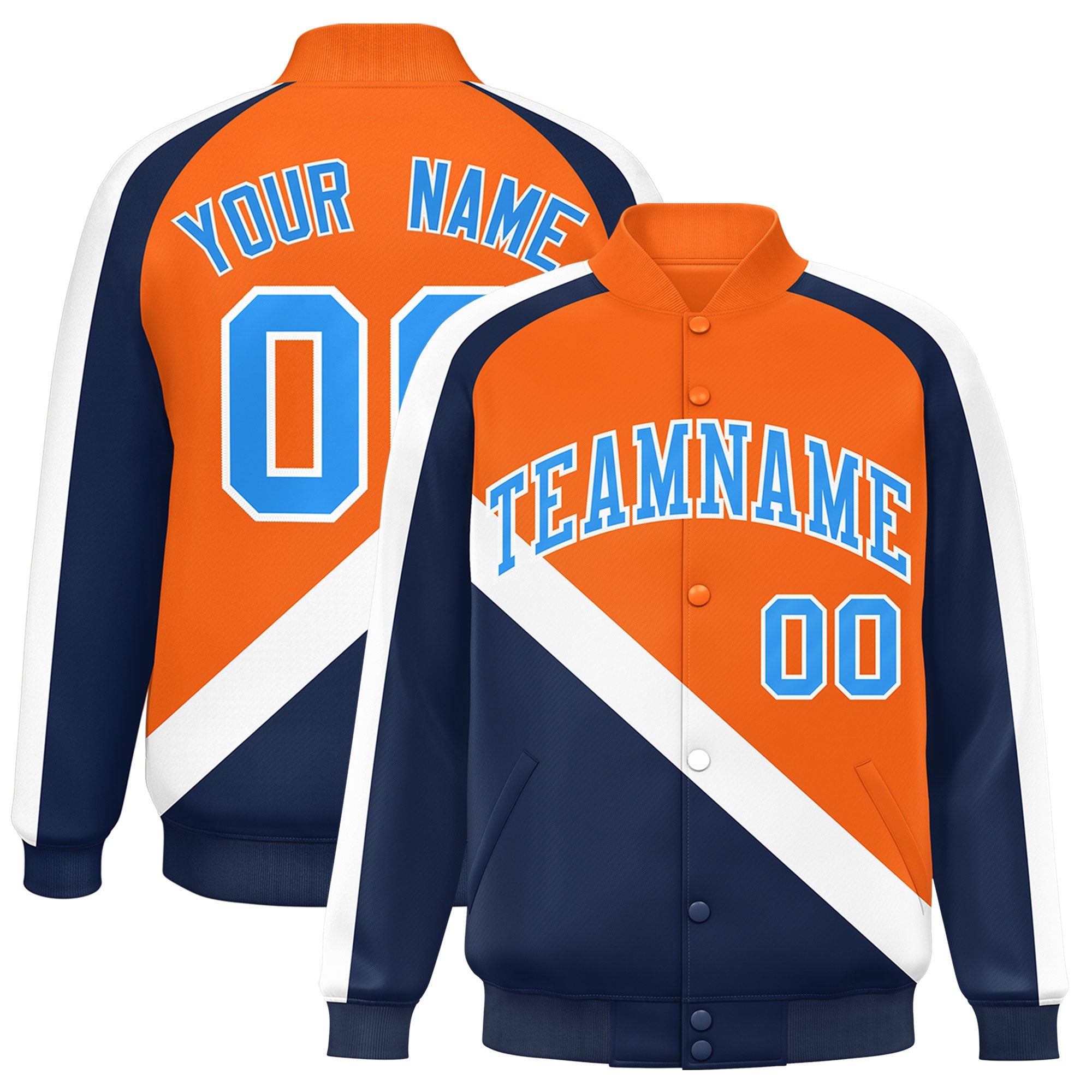 Custom Orange Navy Raglan Sleeves Varsity Full-Snap Letterman Baseball Jacket