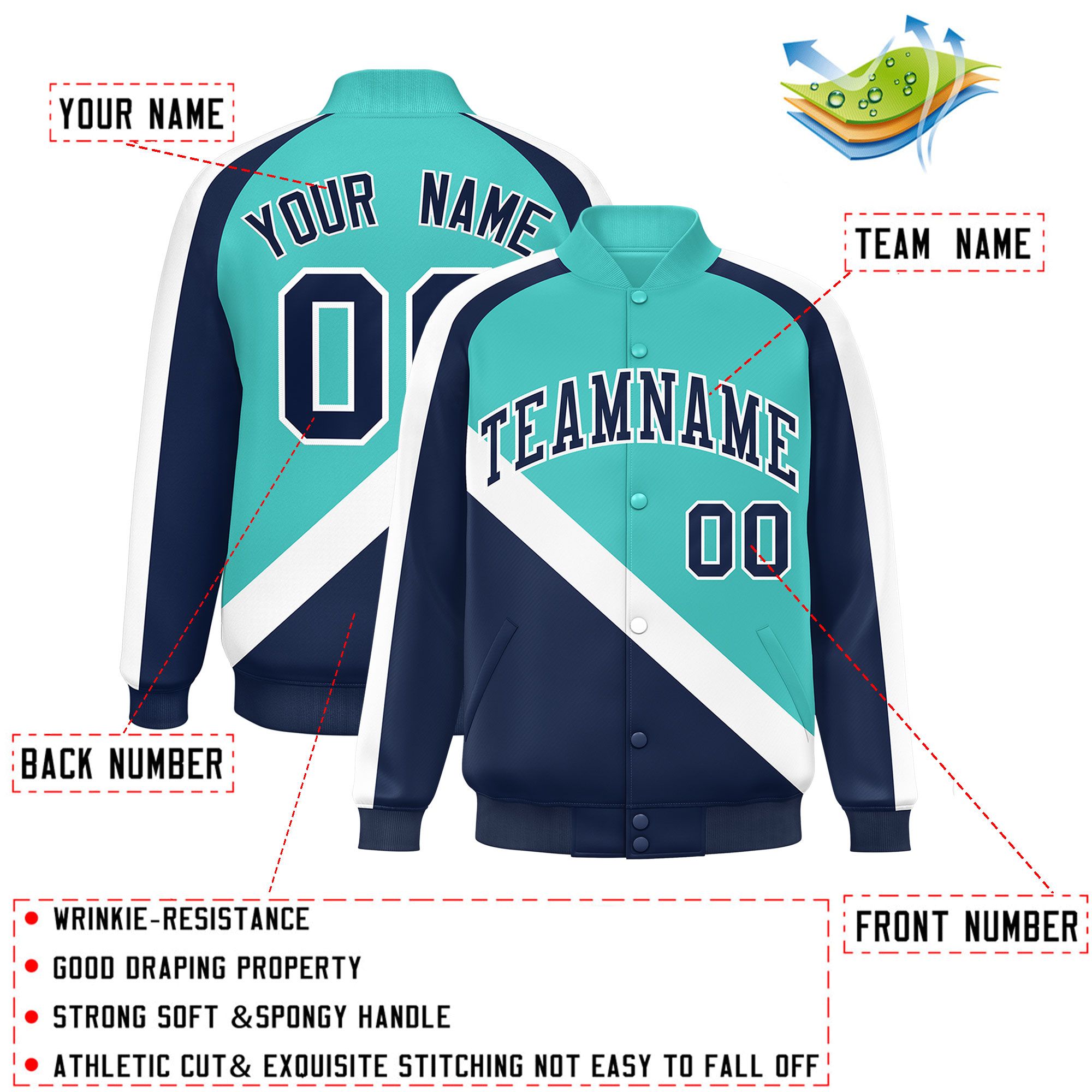 Custom Bright Green Navy Raglan Sleeves Varsity Full-Snap Letterman Baseball Jacket