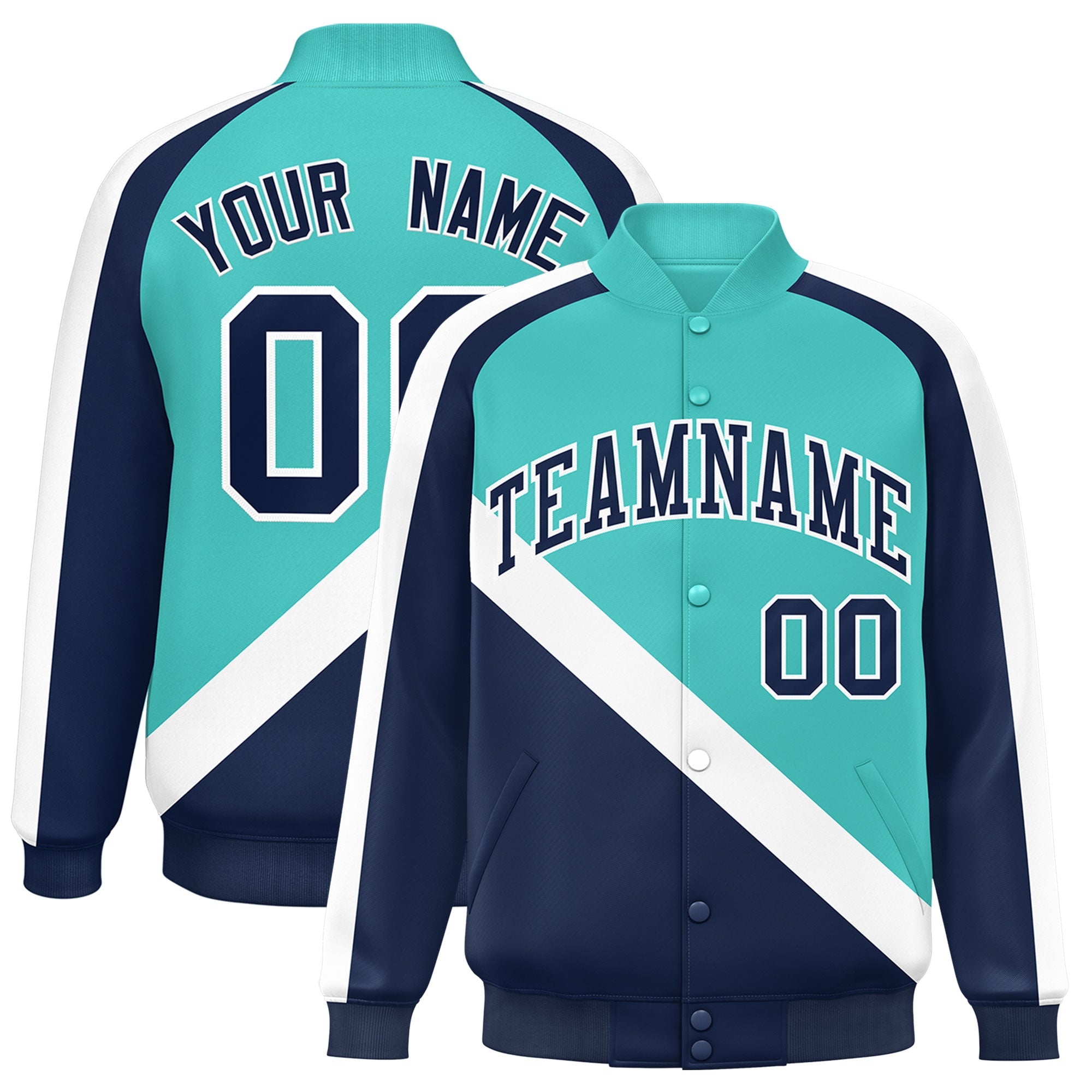 Custom Bright Green Navy Raglan Sleeves Varsity Full-Snap Letterman Baseball Jacket