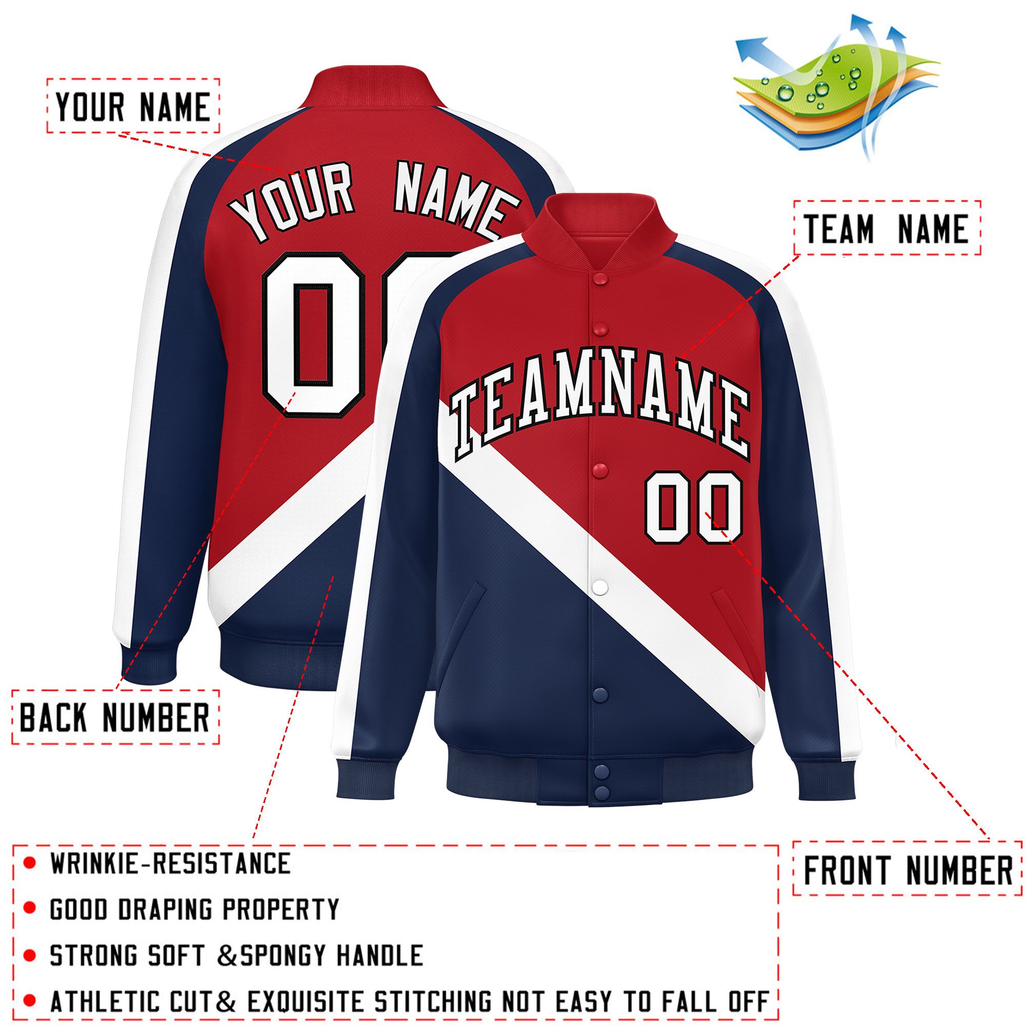 Custom Red Navy Raglan Sleeves Varsity Full-Snap Letterman Baseball Jacket