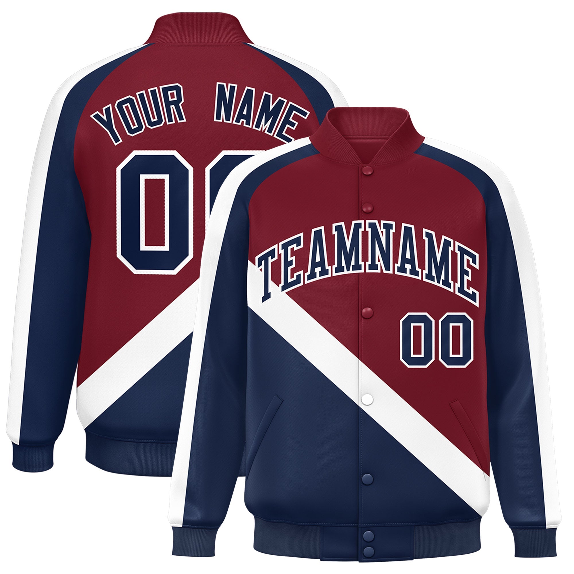 Custom Crimson Navy Raglan Sleeves Varsity Full-Snap Letterman Baseball Jacket