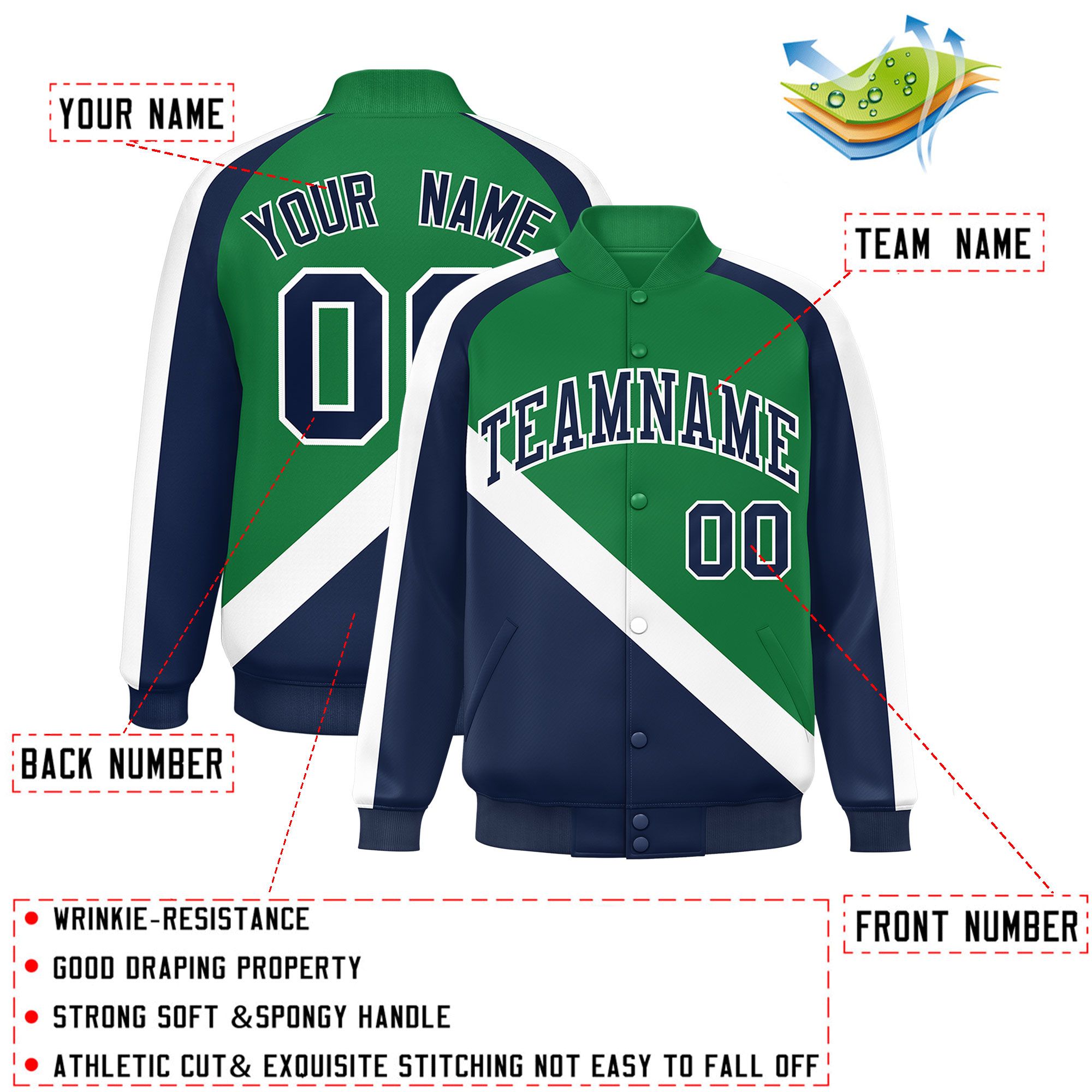 Custom Kelly Green Navy Raglan Sleeves Varsity Full-Snap Letterman Baseball Jacket