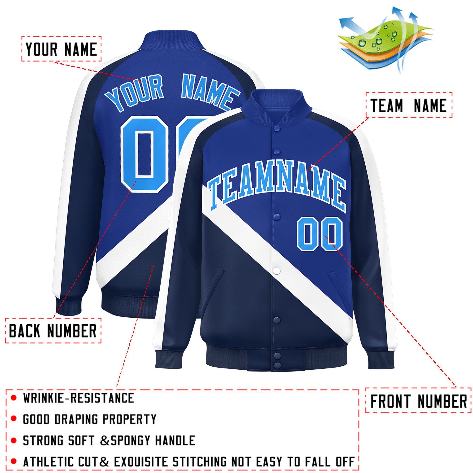 Custom Royal Navy Raglan Sleeves Varsity Full-Snap Letterman Baseball Jacket