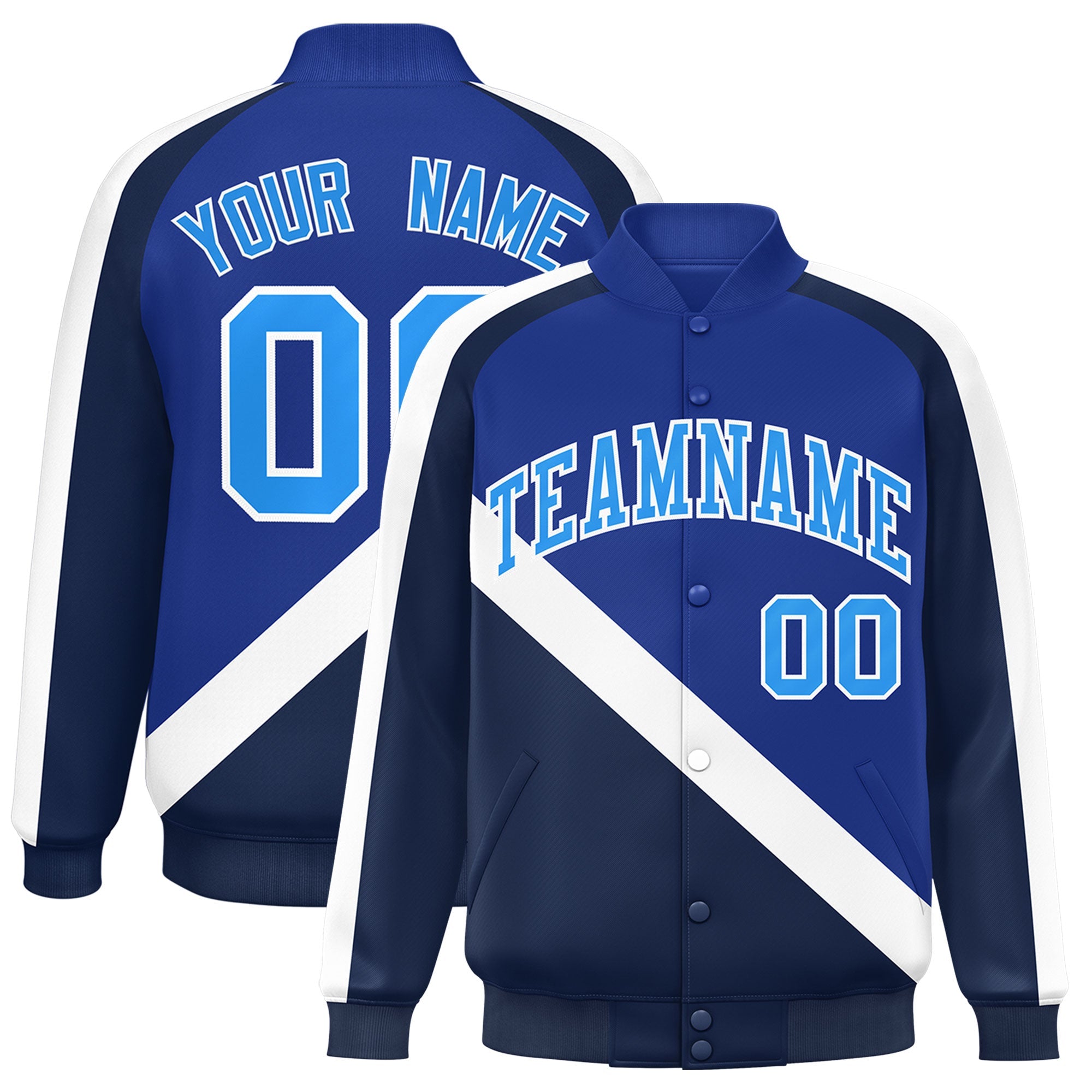 Custom Royal Navy Raglan Sleeves Varsity Full-Snap Letterman Baseball Jacket