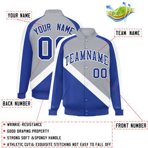 Custom Gray Royal Raglan Sleeves Varsity Full-Snap Letterman Baseball Jacket