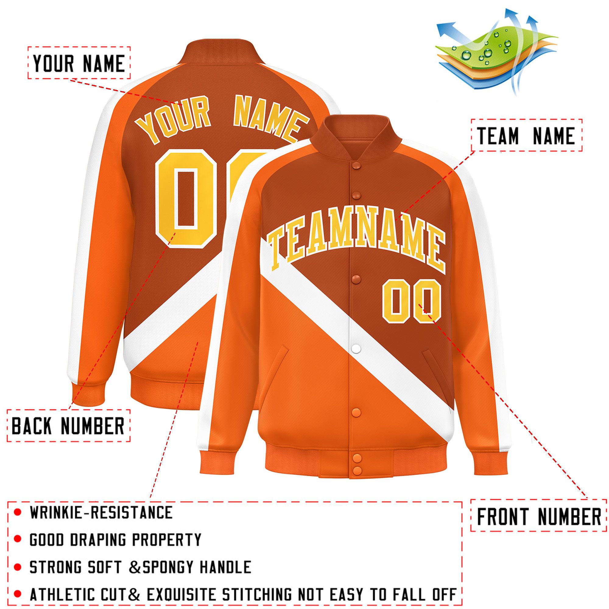 Custom Texas Orange Orange Raglan Sleeves Varsity Full-Snap Letterman Baseball Jacket