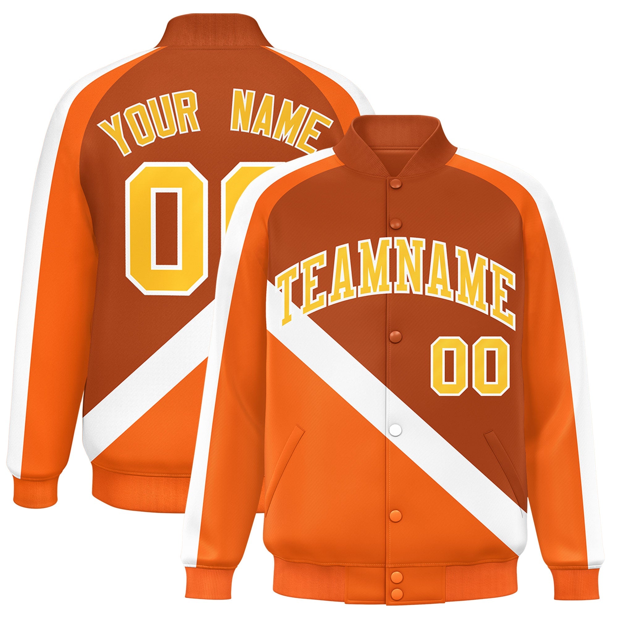 Custom Texas Orange Orange Raglan Sleeves Varsity Full-Snap Letterman Baseball Jacket