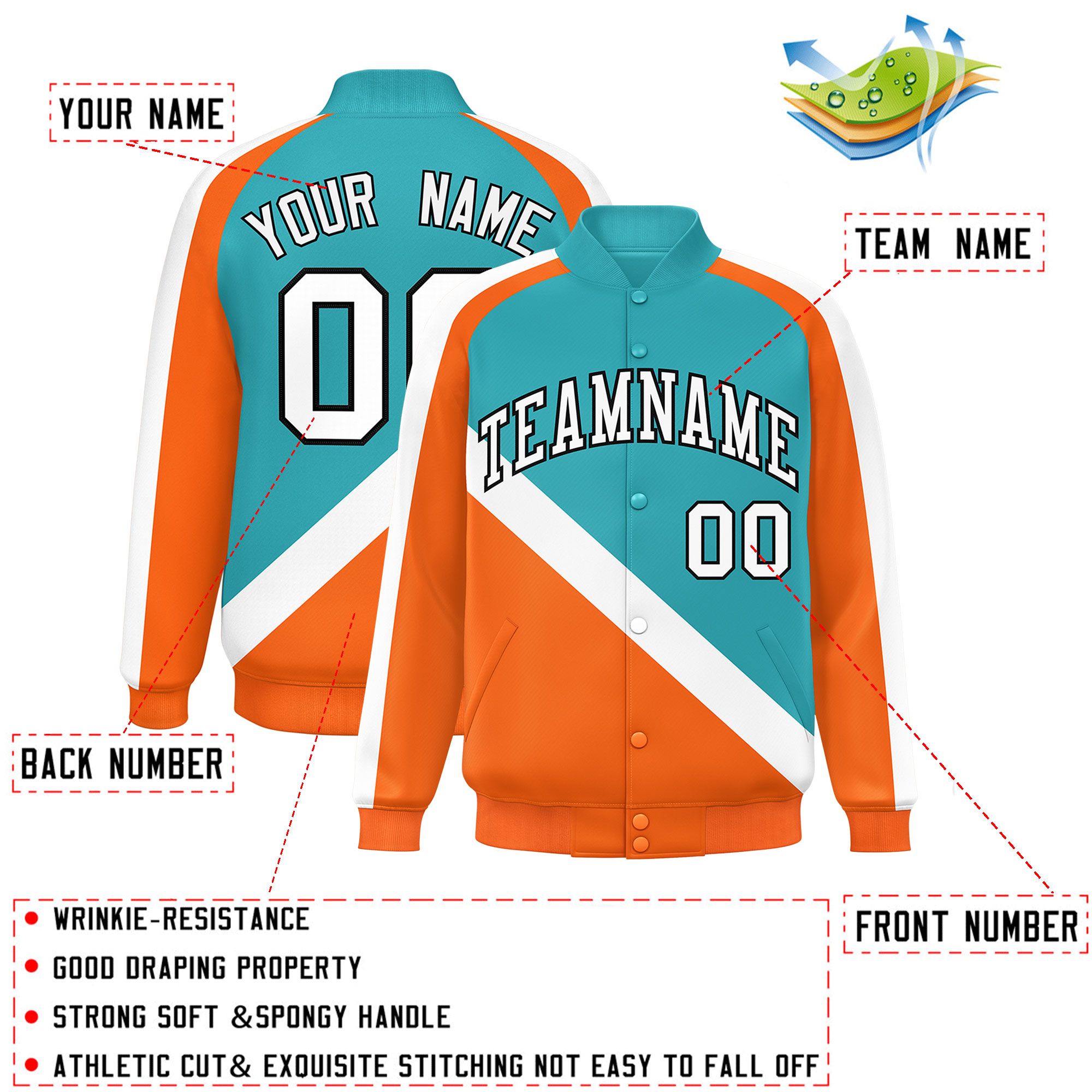 Custom Aqua Orange Raglan Sleeves Varsity Full-Snap Letterman Baseball Jacket