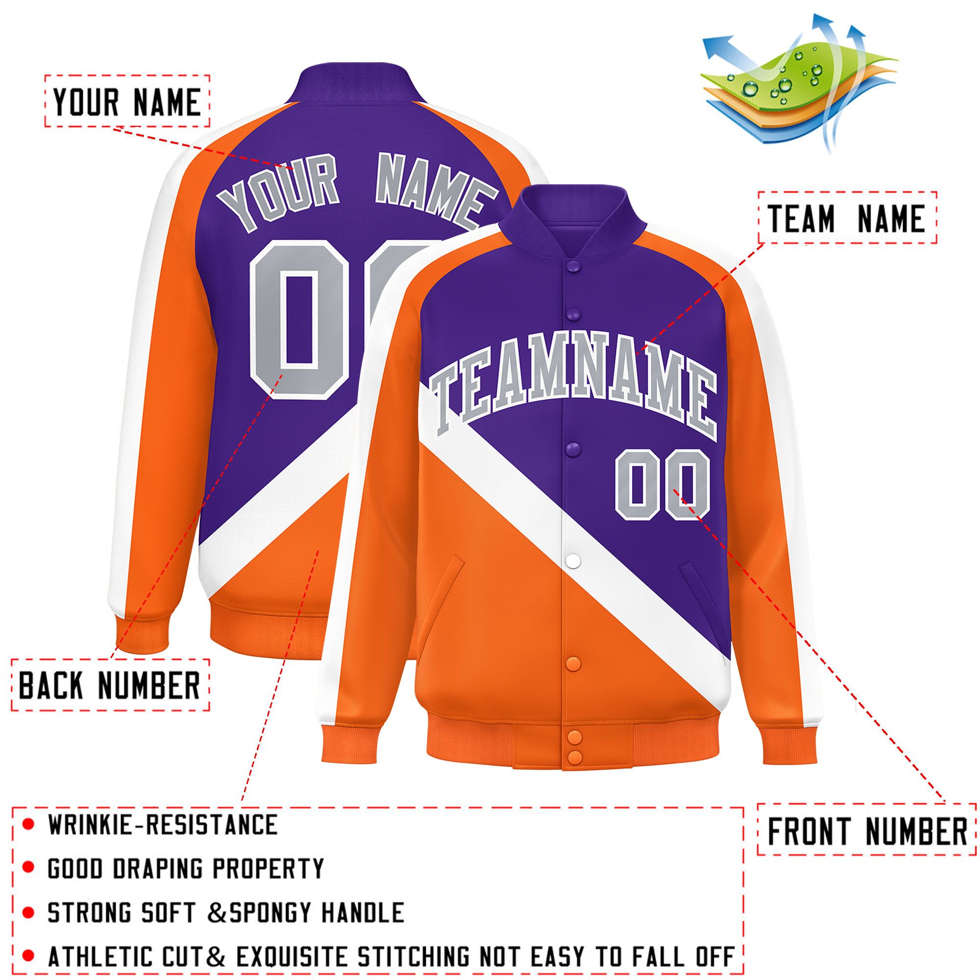 Custom Purple Orange Raglan Sleeves Varsity Full-Snap Letterman Baseball Jacket