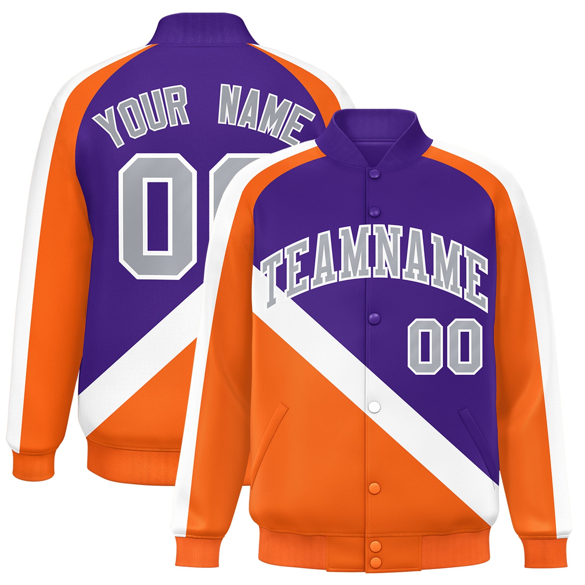 Custom Purple Orange Raglan Sleeves Varsity Full-Snap Letterman Baseball Jacket