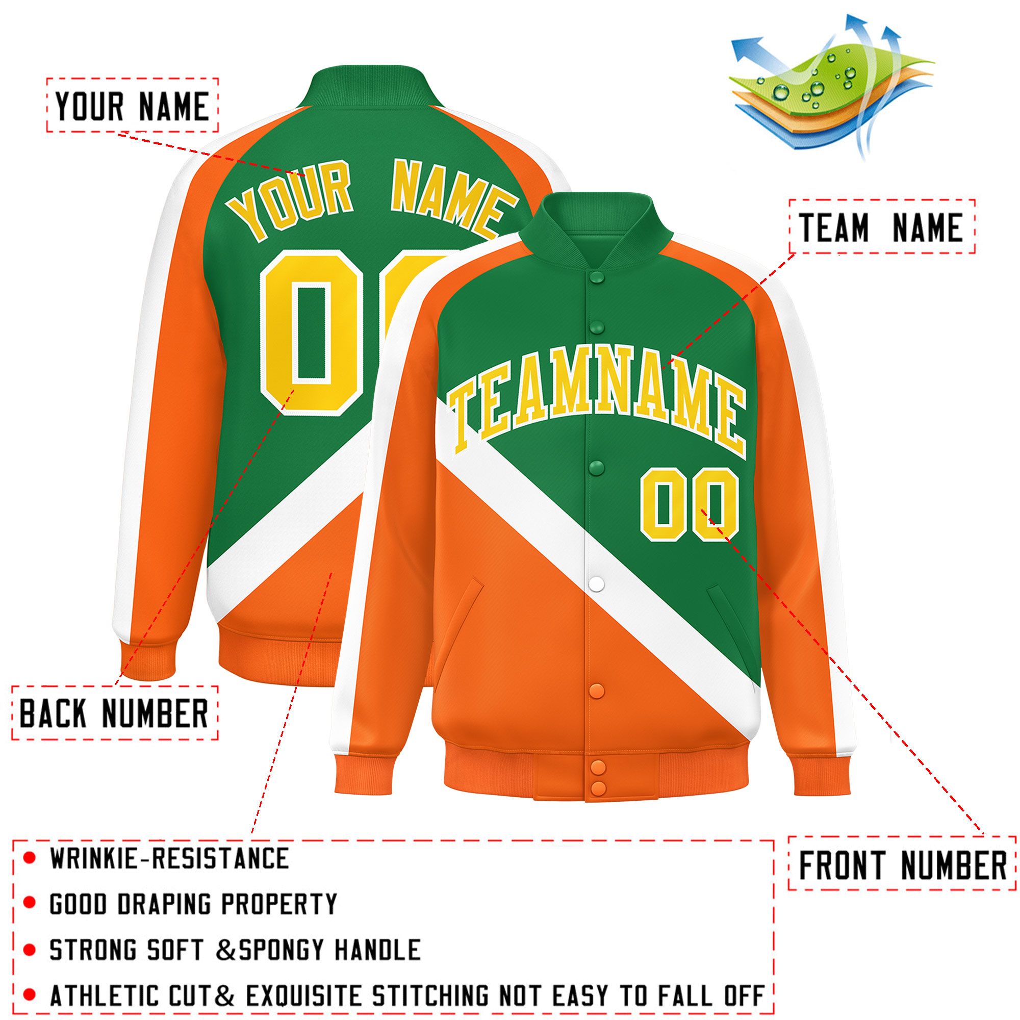 Custom Kelly Green Orange Raglan Sleeves Varsity Full-Snap Letterman Baseball Jacket