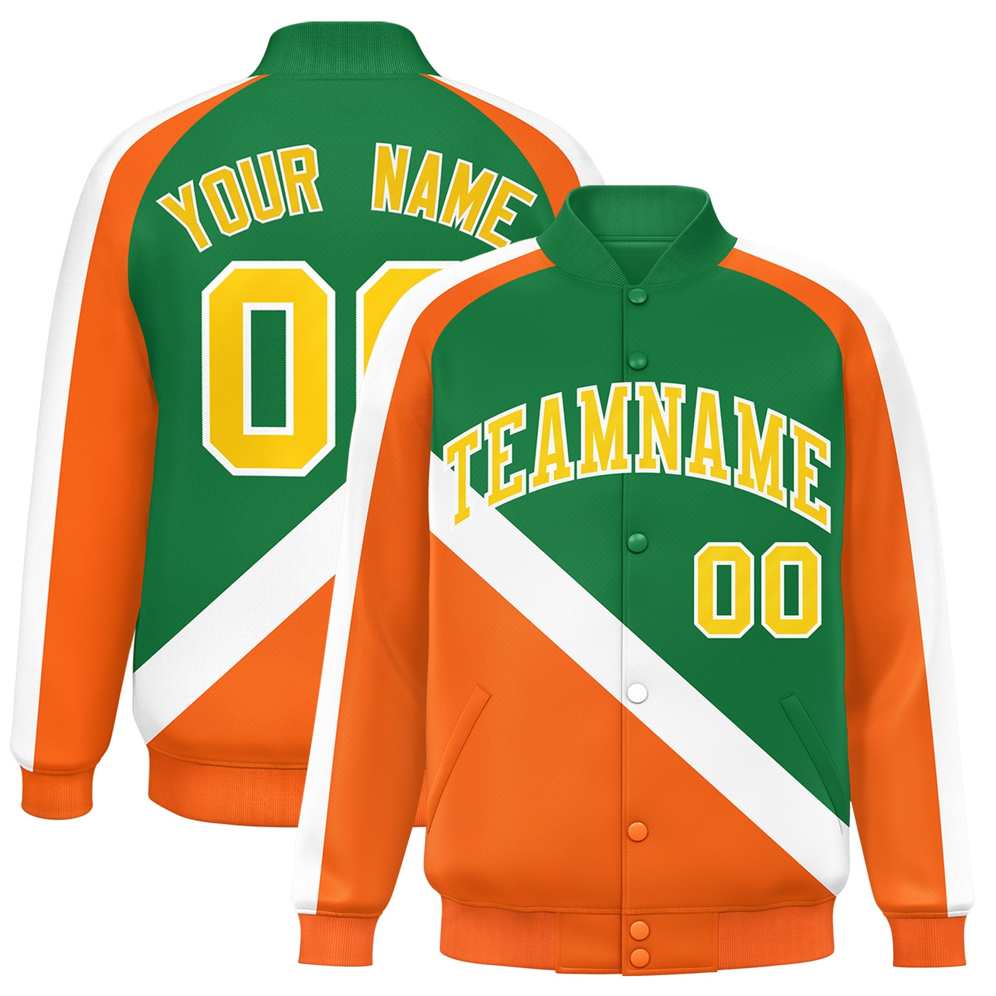 Custom Kelly Green Orange Raglan Sleeves Varsity Full-Snap Letterman Baseball Jacket