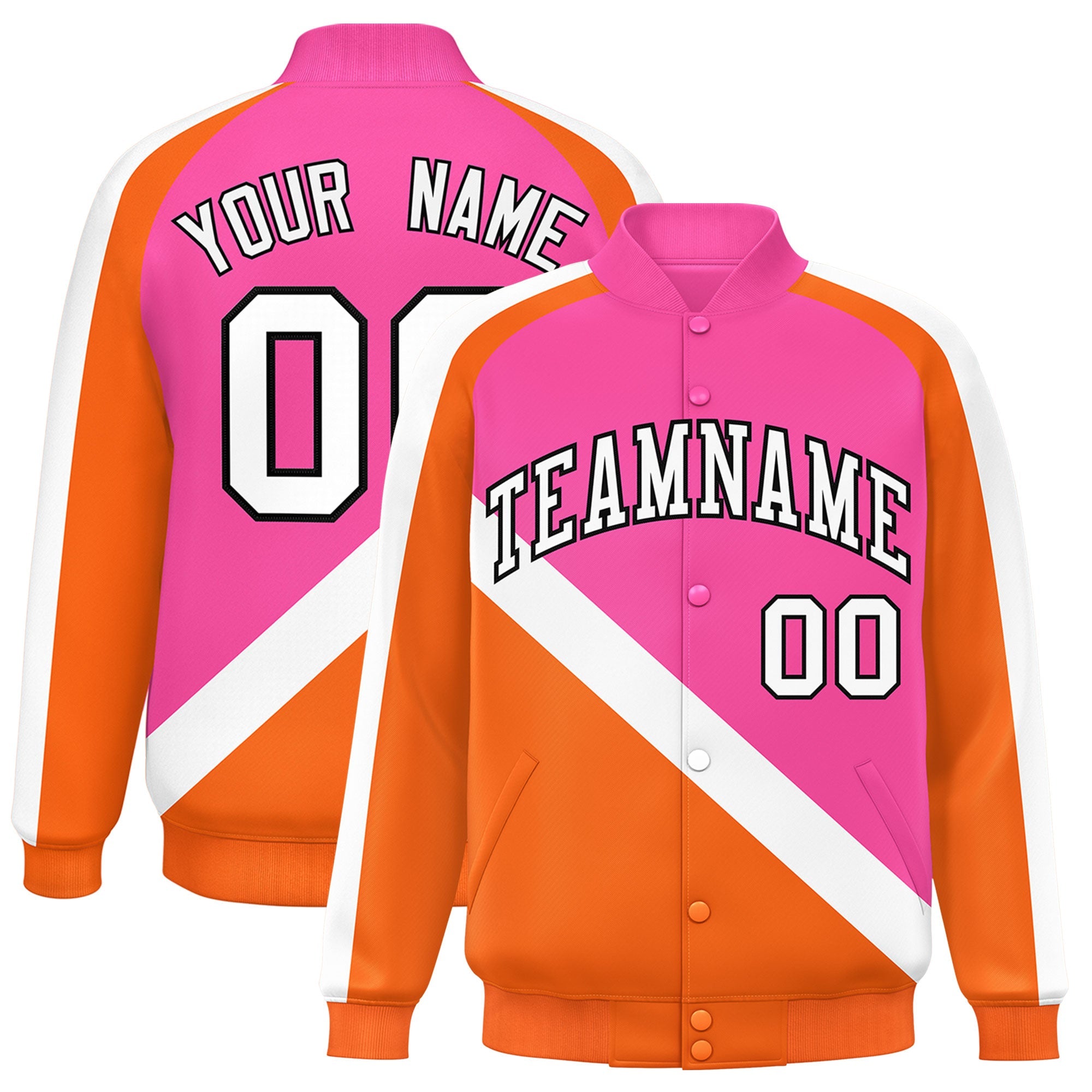 Custom Pink Orange Raglan Sleeves Varsity Full-Snap Letterman Baseball Jacket