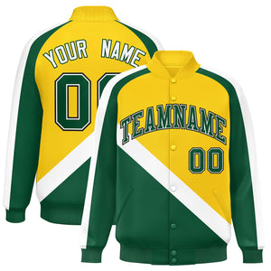 Custom Gold Green Raglan Sleeves Varsity Full-Snap Letterman Baseball Jacket