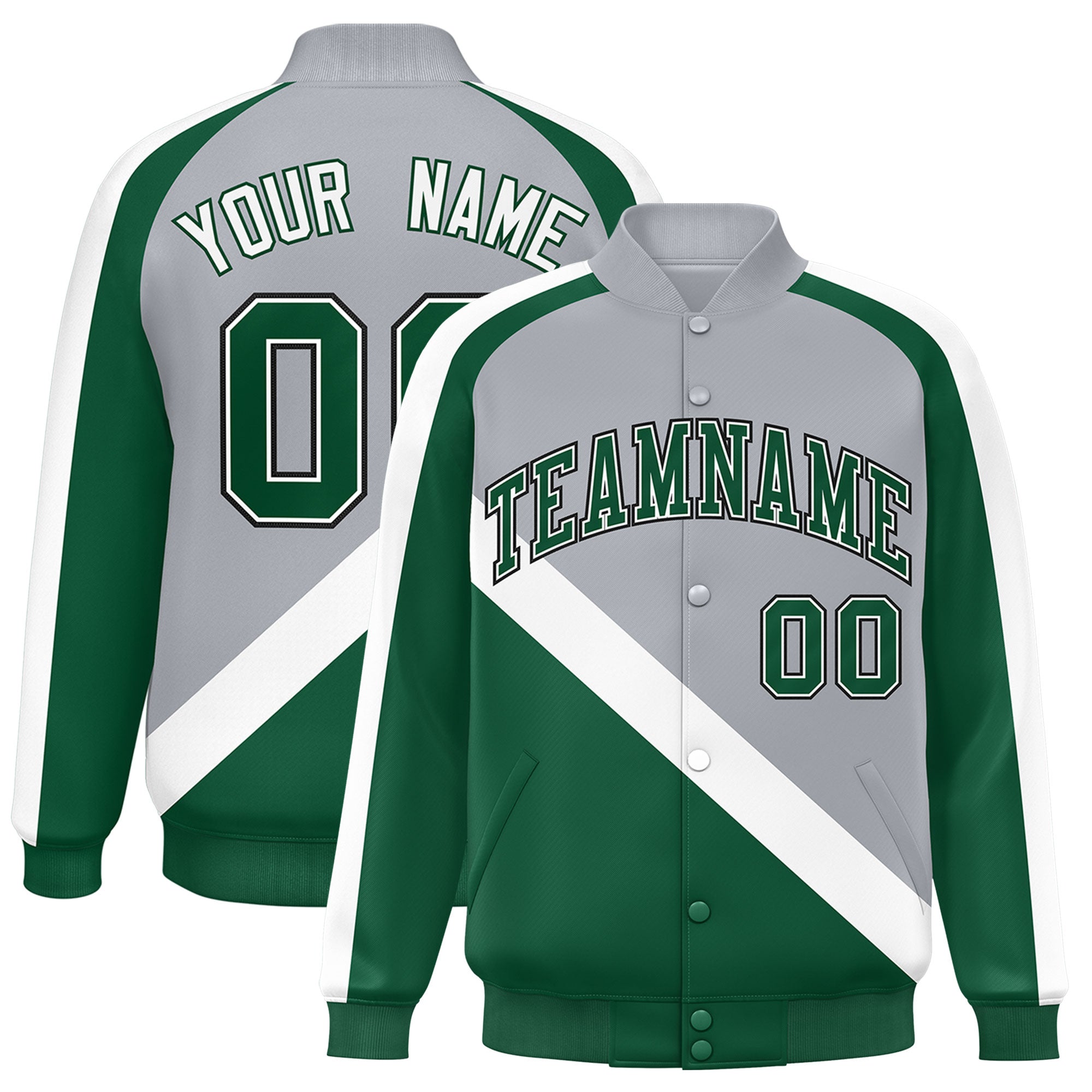 Custom Gray Green Raglan Sleeves Varsity Full-Snap Letterman Baseball Jacket