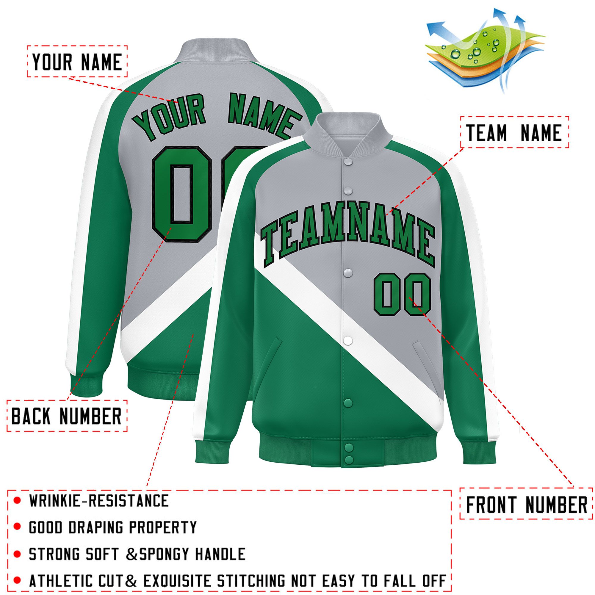 Custom Gray Kelly Green Raglan Sleeves Varsity Full-Snap Letterman Baseball Jacket