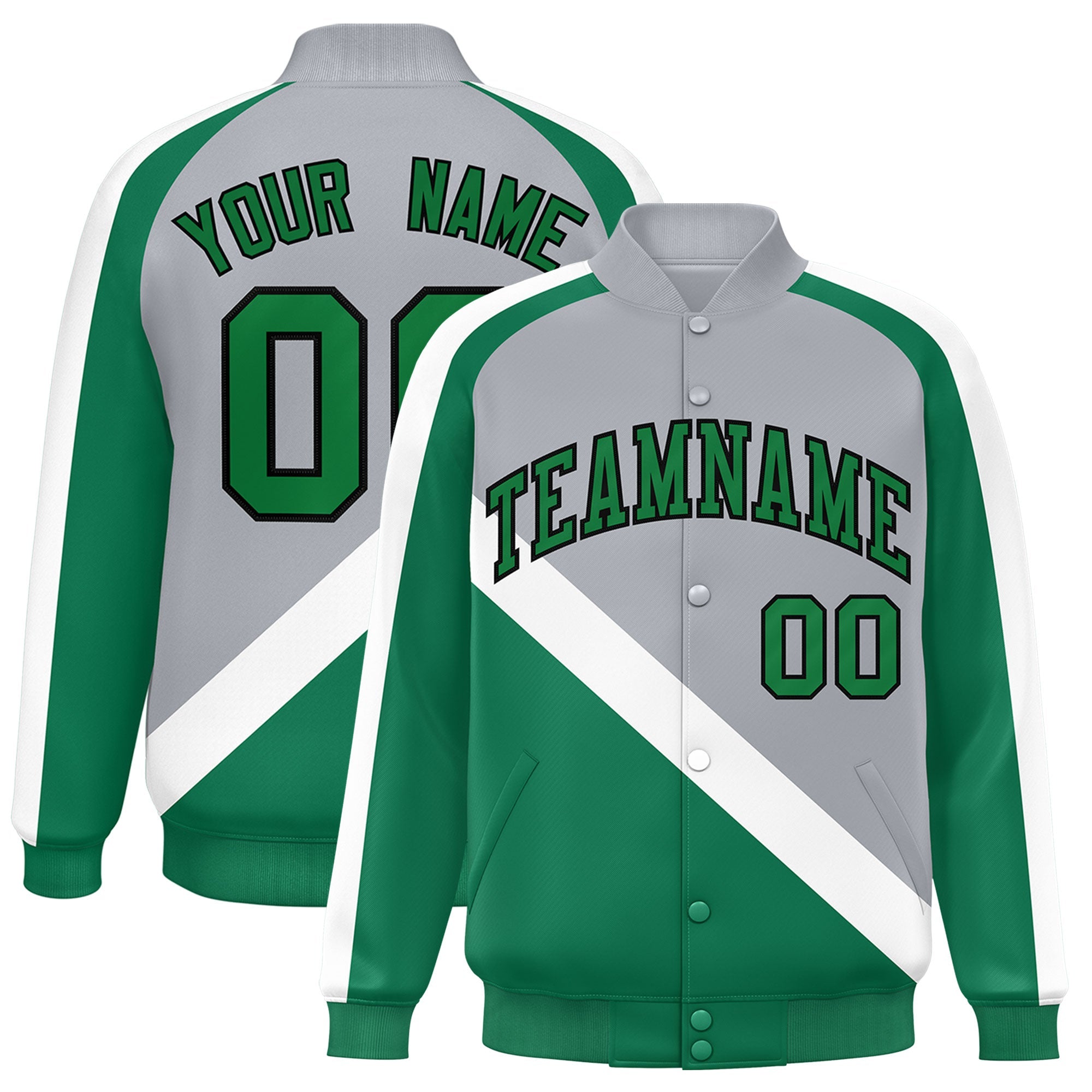 Custom Gray Kelly Green Raglan Sleeves Varsity Full-Snap Letterman Baseball Jacket