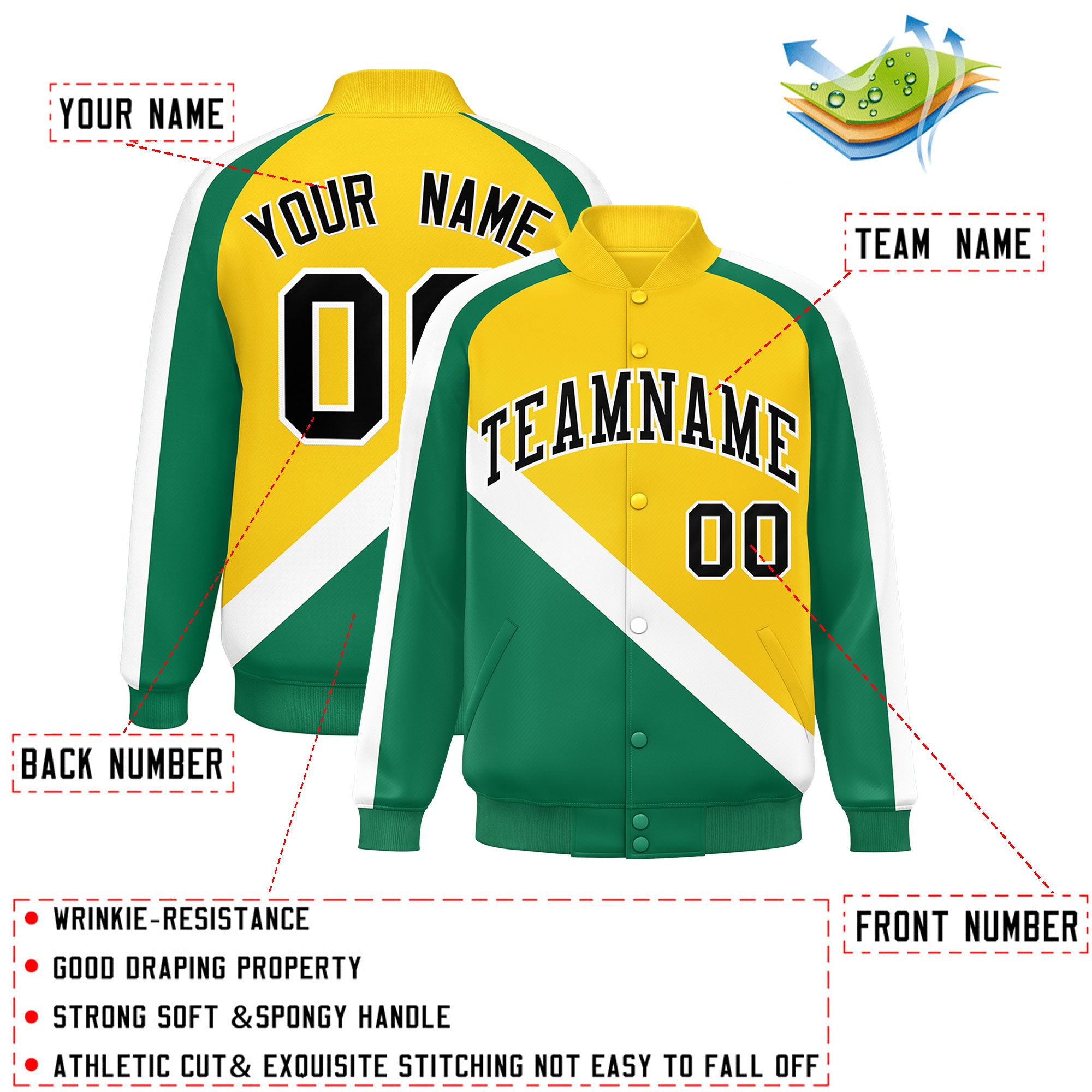 Custom Gold Kelly Green Raglan Sleeves Varsity Full-Snap Letterman Baseball Jacket