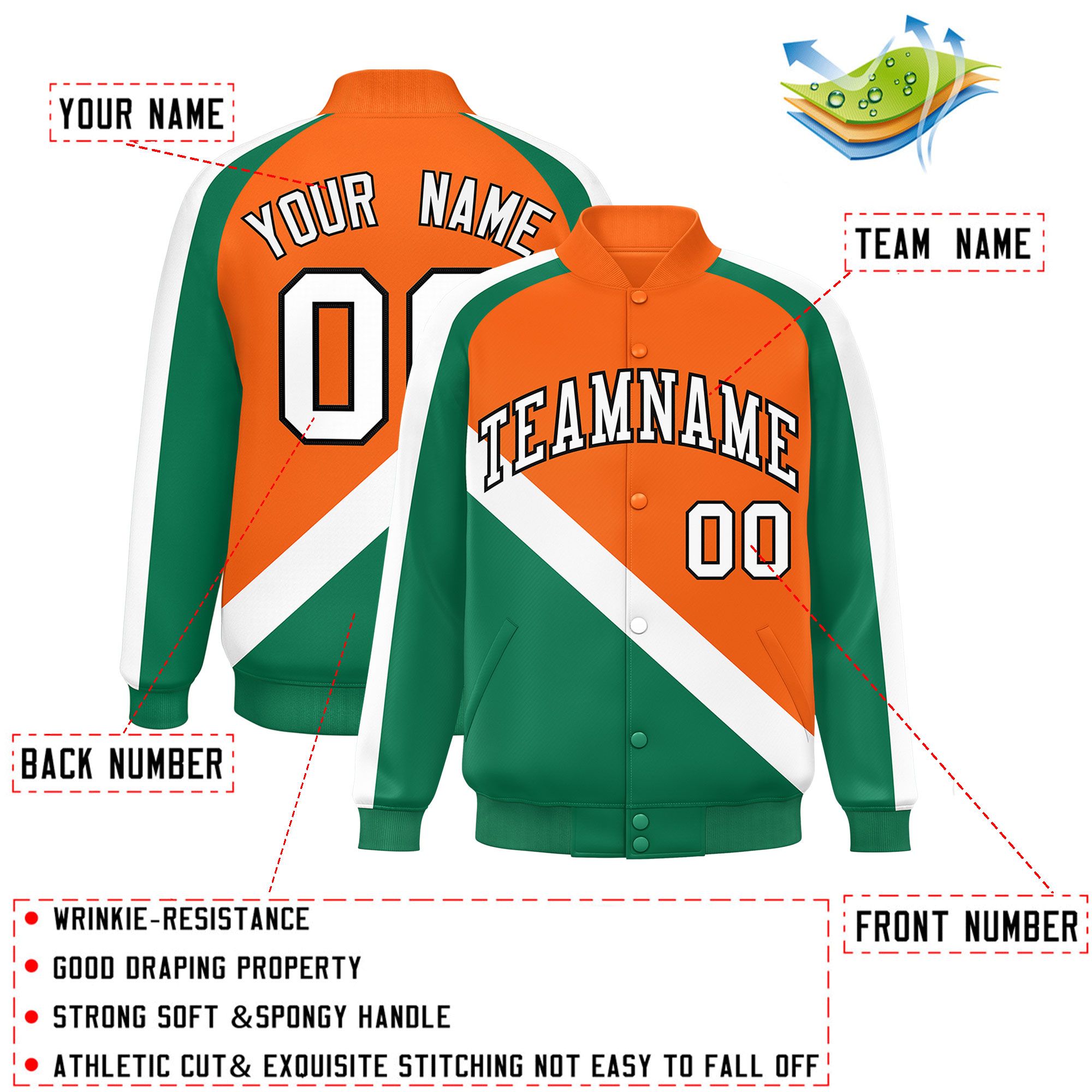 Custom Orange Kelly Green Raglan Sleeves Varsity Full-Snap Letterman Baseball Jacket