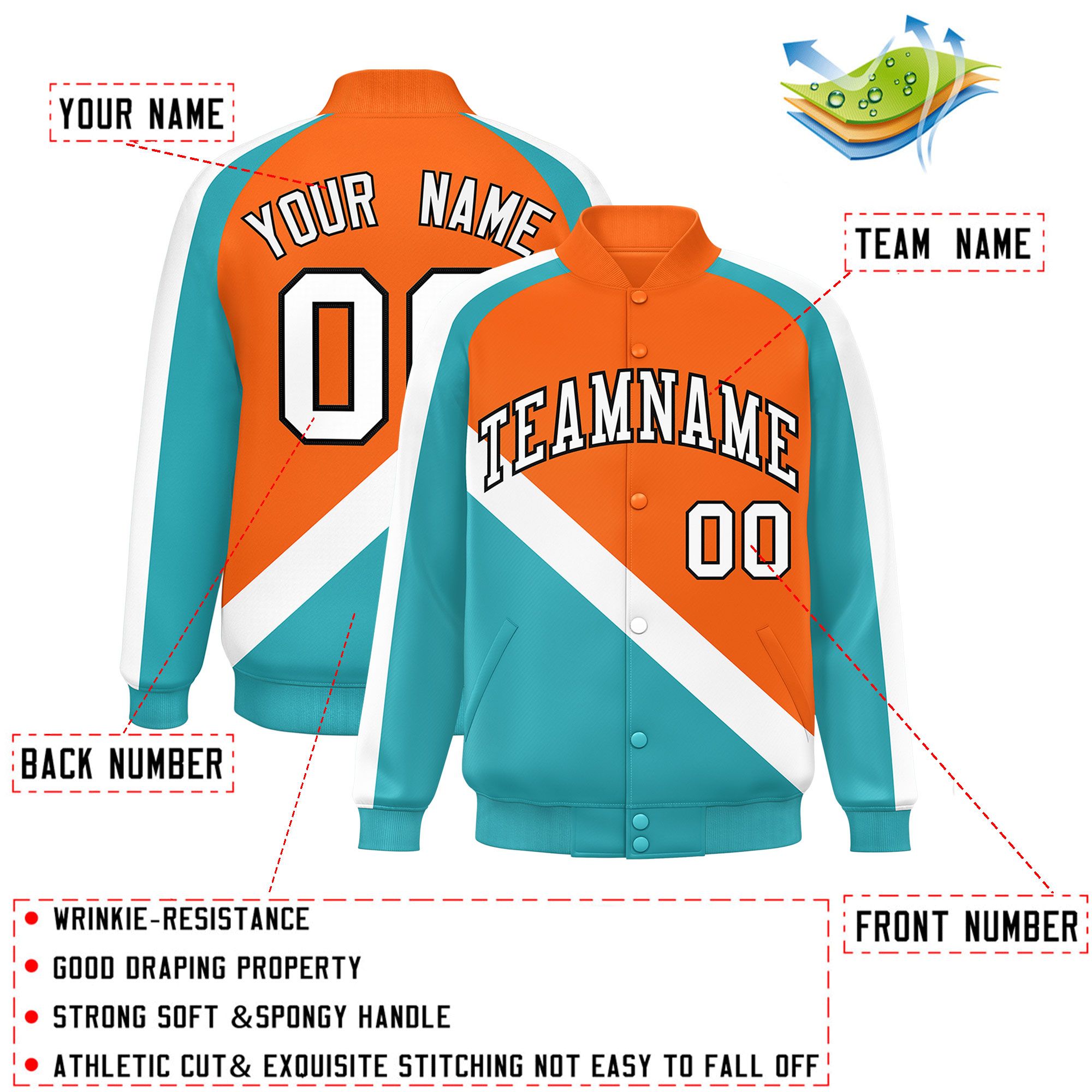 Custom Orange Aqua Raglan Sleeves Varsity Full-Snap Letterman Baseball Jacket